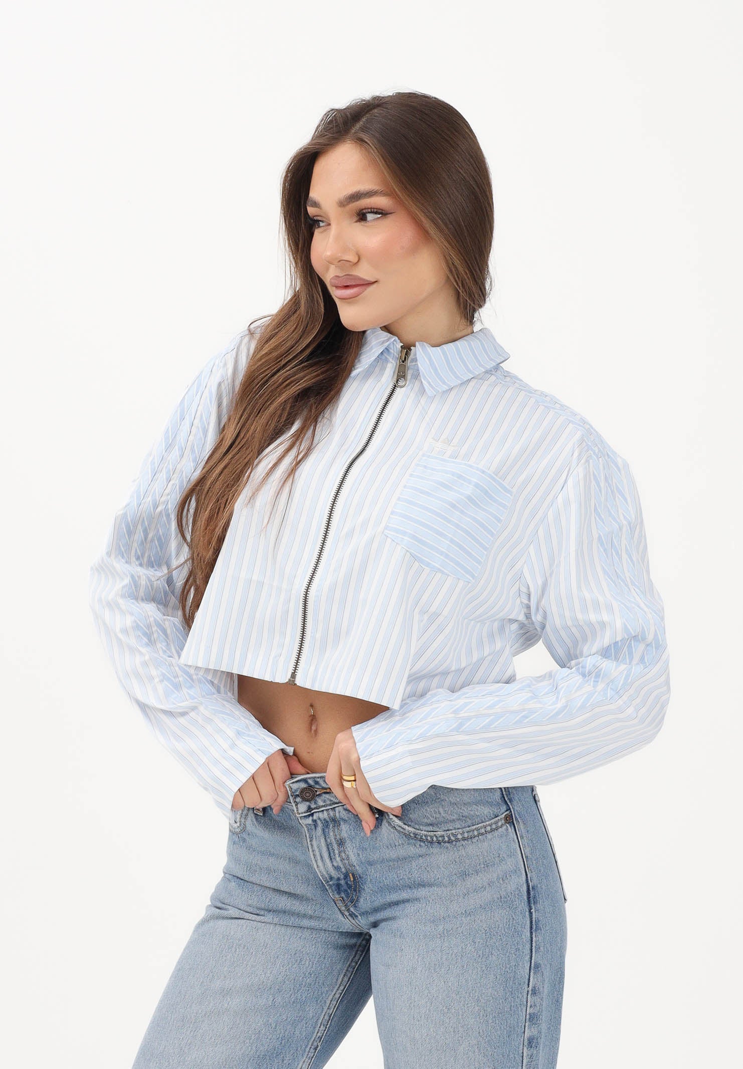 ADIDAS ORIGINALS Camicia a manica lunga Popeline bianca e azzurra da donna KC8870 . ADIDAS ORIGINALS 