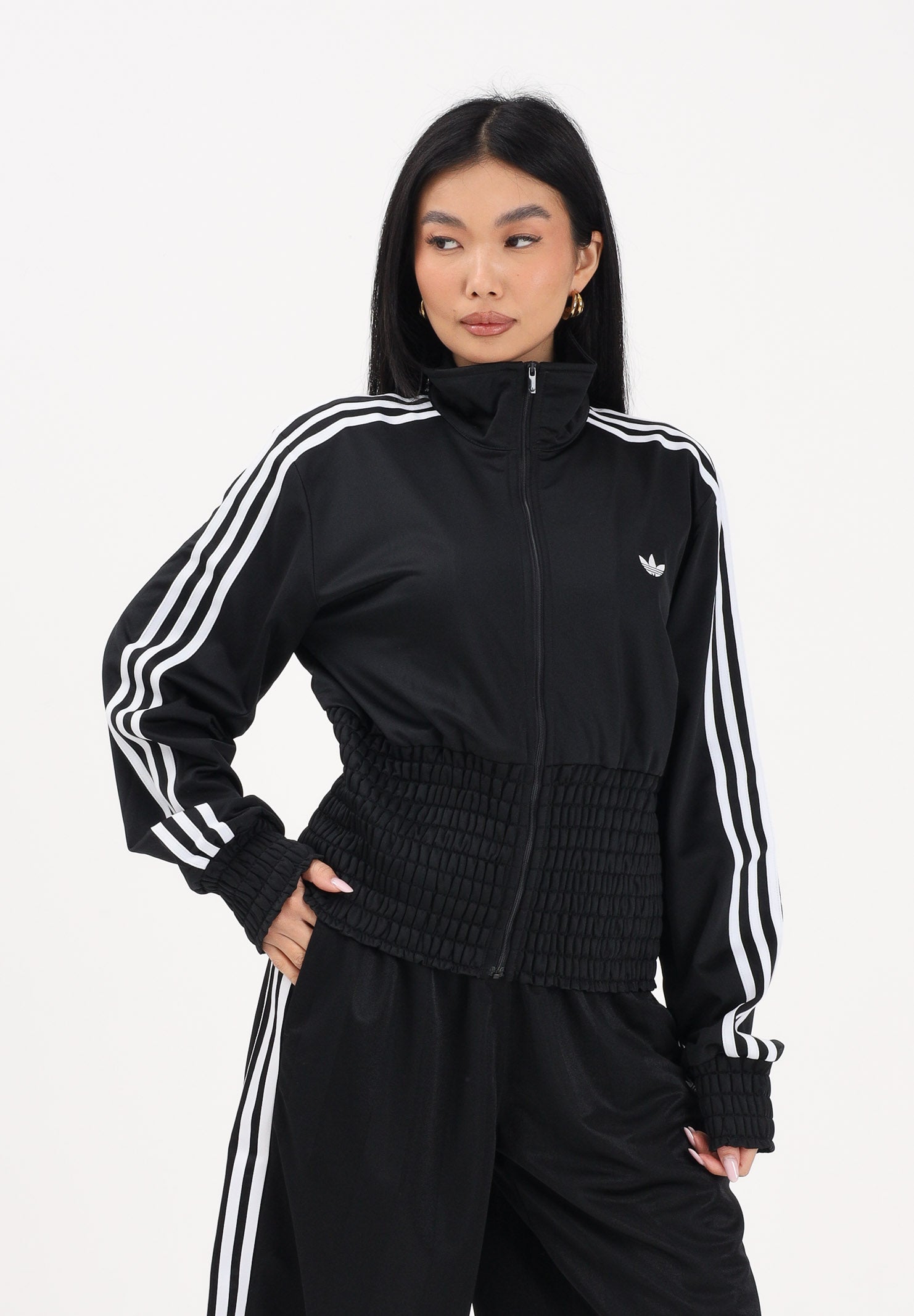 ADIDAS ORIGINALS Felpa con zip Smocked Firebird nera da donna KD0303 . ADIDAS ORIGINALS 