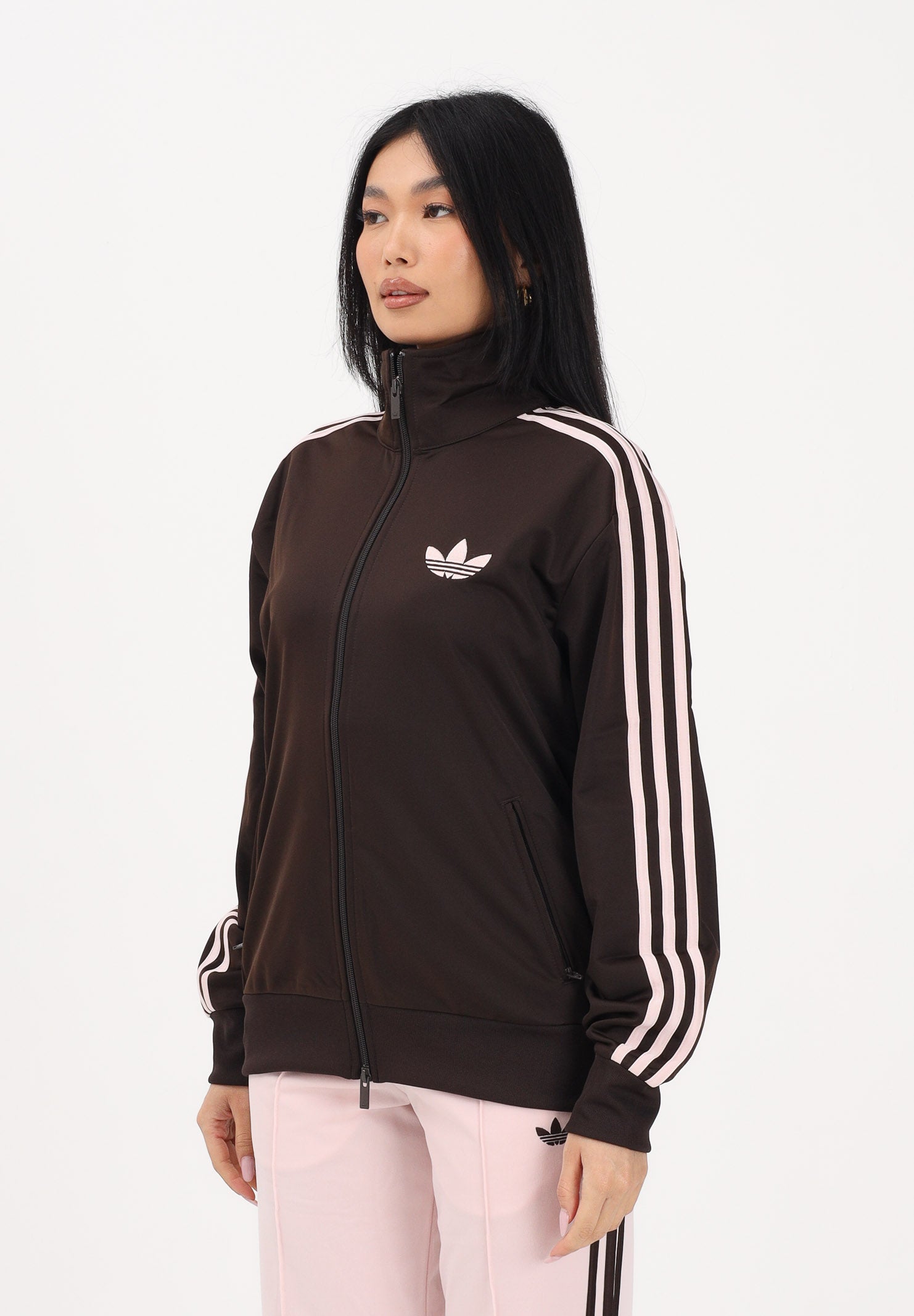 ADIDAS ORIGINALS Felpa con zip Firebird Loose marrone e rosa da donna KD1331 . ADIDAS ORIGINALS 
