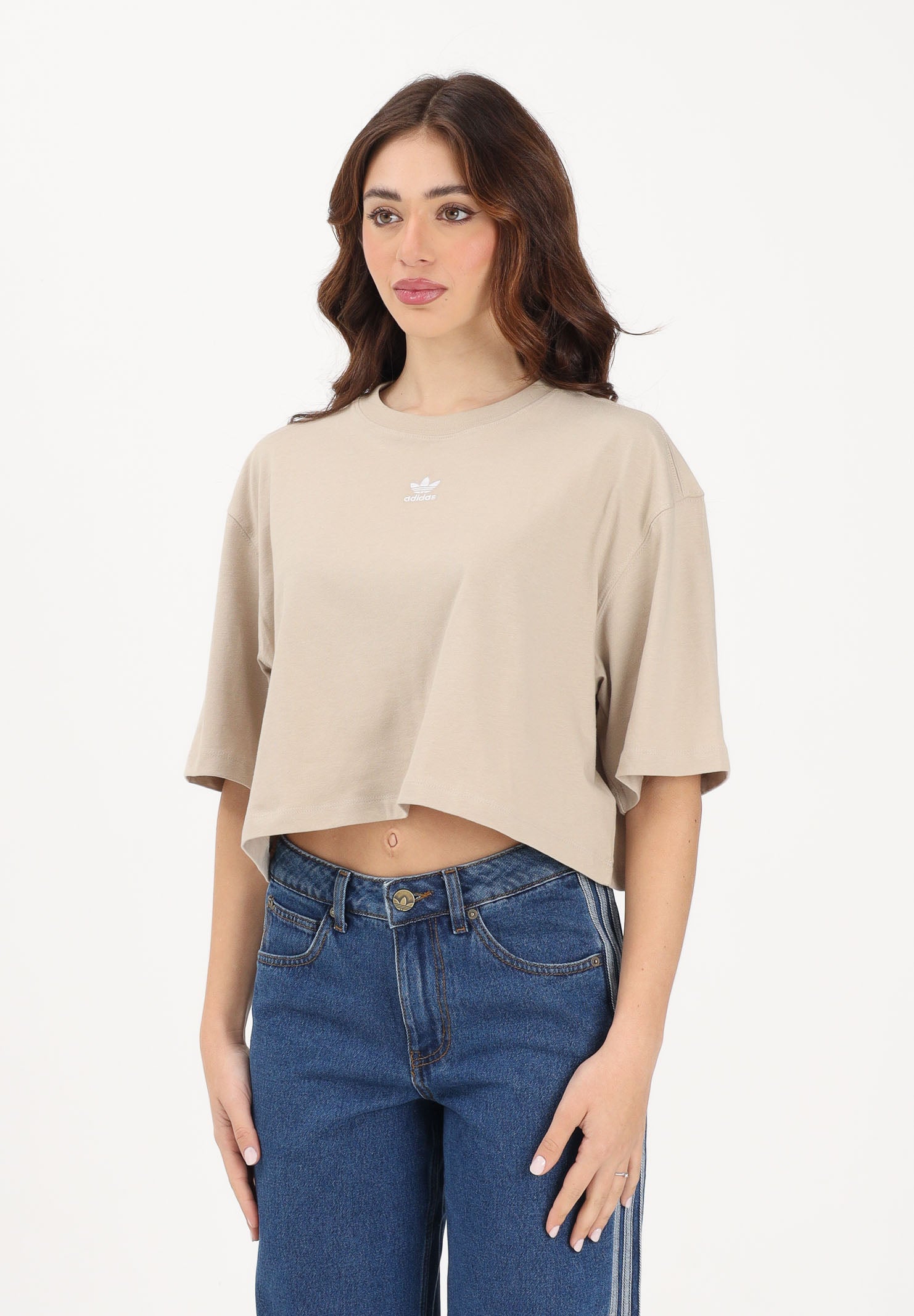 ADIDAS ORIGINALS T-shirt a manica corta Essentials Crop beige da donna KD1363 . ADIDAS ORIGINALS 