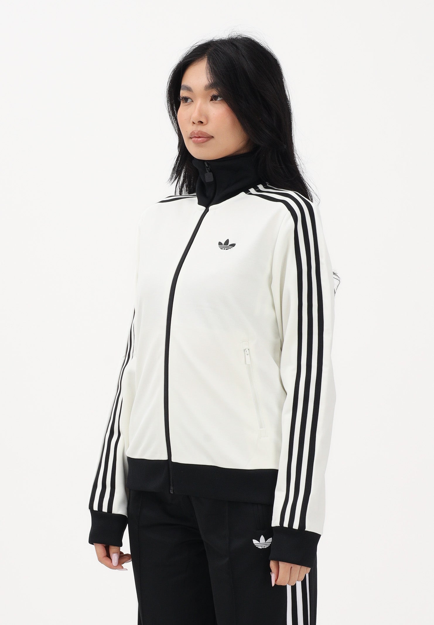 ADIDAS ORIGINALS Felpa con zip 3-Stripes panna e nera da donna KD3740 . ADIDAS ORIGINALS 