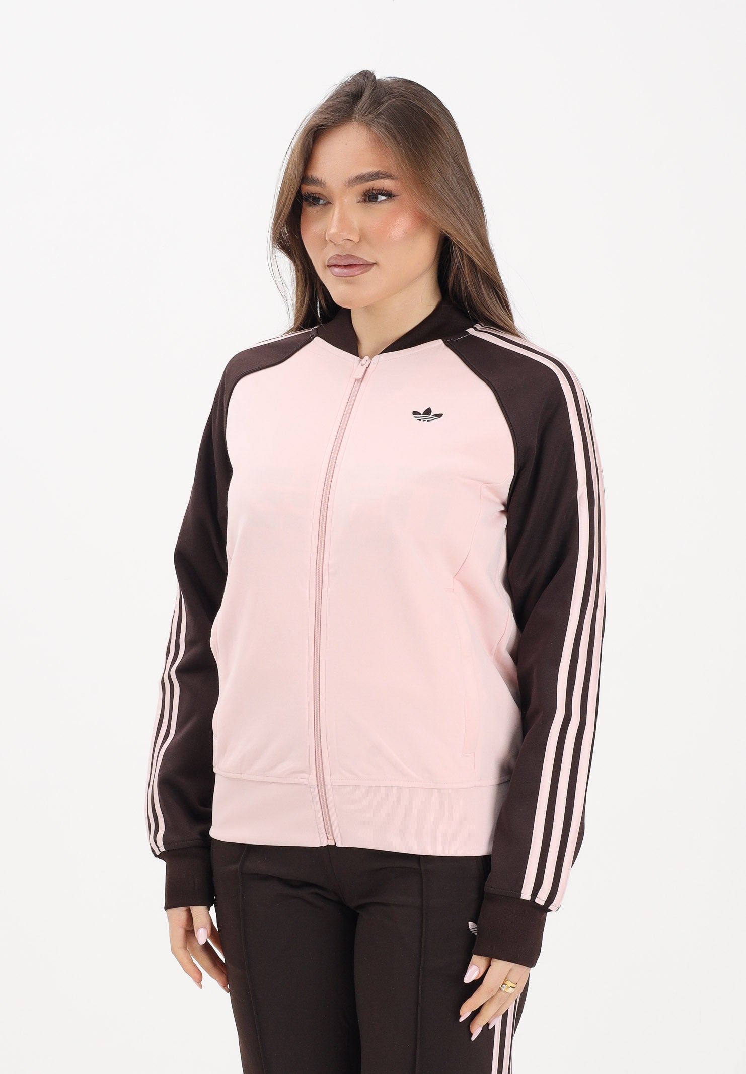 ADIDAS ORIGINALS Felpa con zip SST CLASSIC rosa e marrone da donna KD3783 . ADIDAS ORIGINALS 