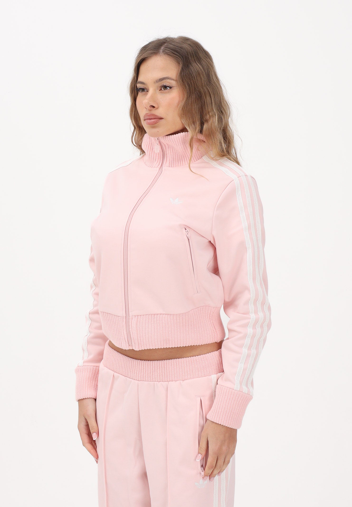ADIDAS ORIGINALS Felpa con zip Firebird rosa da donna con dettagli in maglia all'uncinetto KD4321 . ADIDAS ORIGINALS 