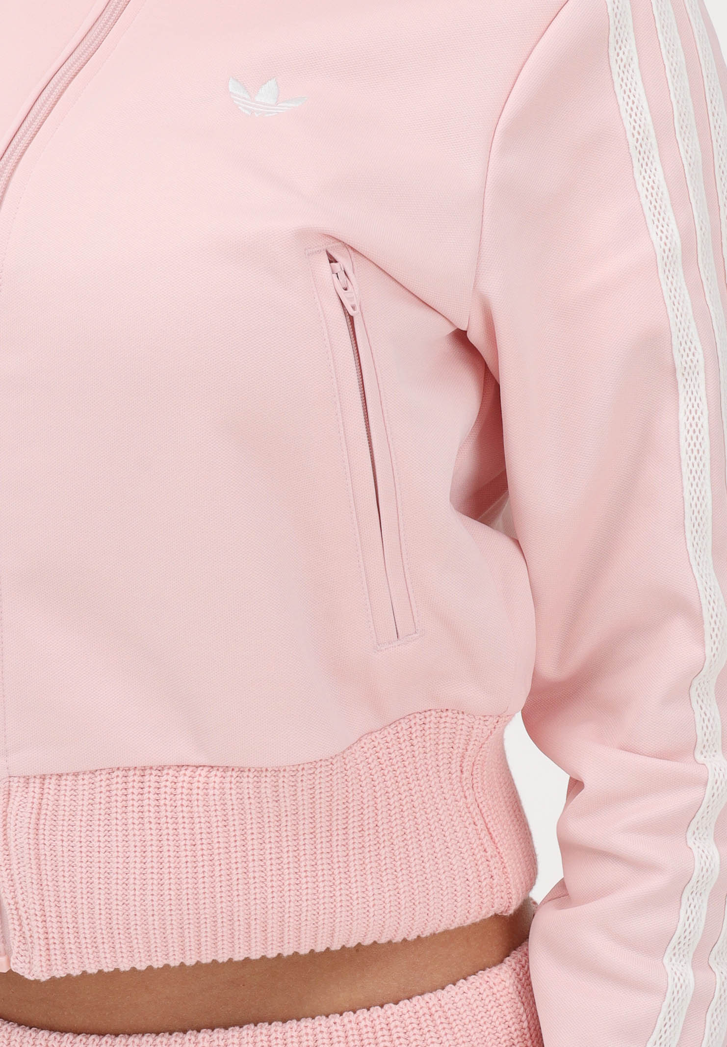 ADIDAS ORIGINALS Felpa con zip Firebird rosa da donna con dettagli in maglia all'uncinetto KD4321 . ADIDAS ORIGINALS 