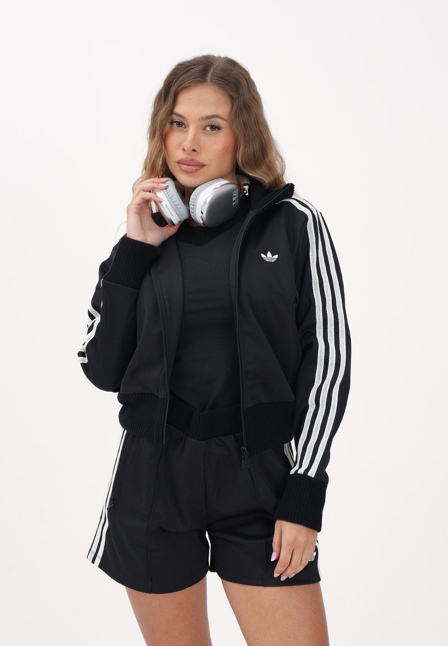 ADIDAS ORIGINALS Felpa con zip Firebird nera da donna con dettagli in maglia all'uncinetto KD5455 . ADIDAS ORIGINALS 