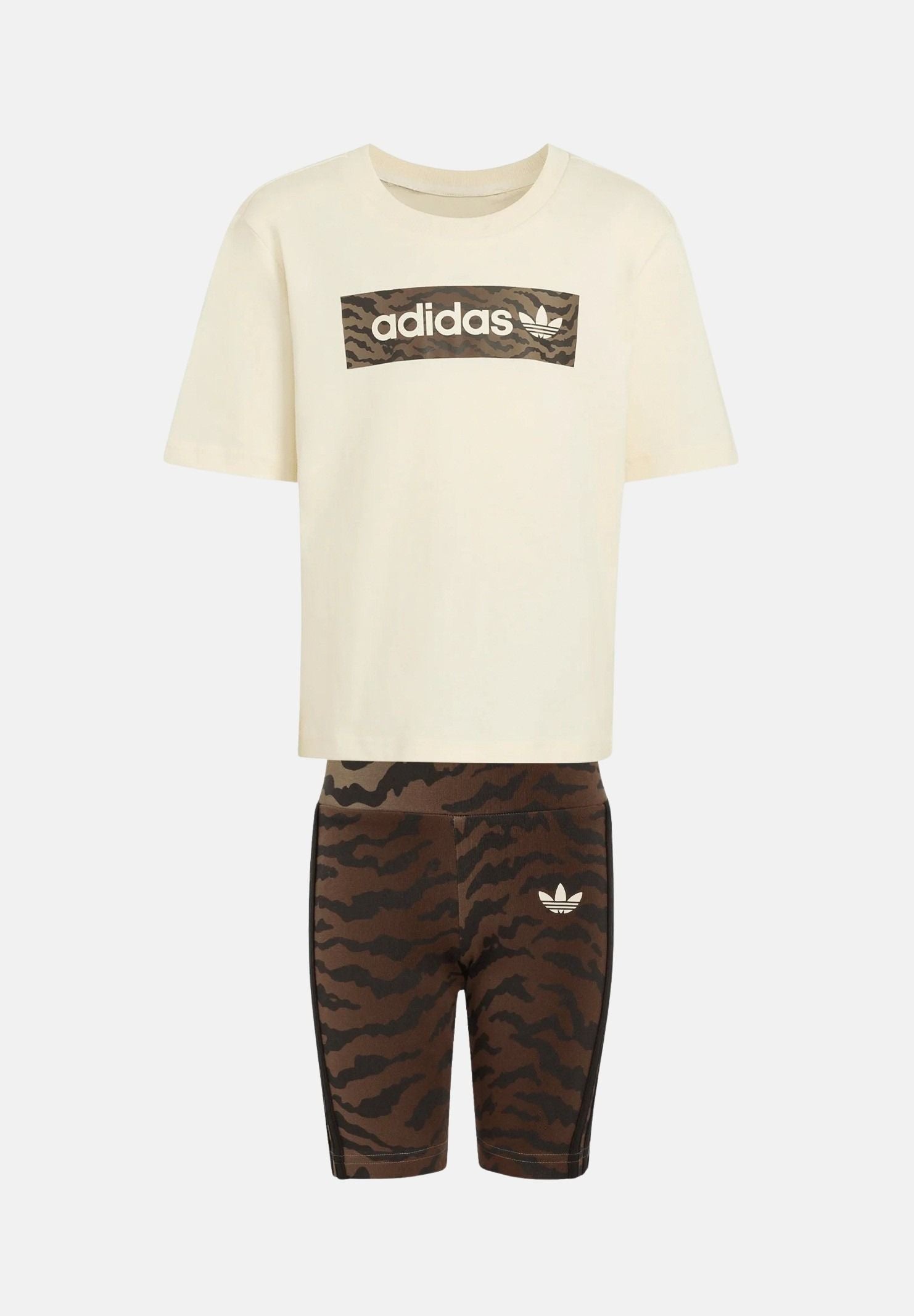 ADIDAS ORIGINALS Completino AOP panna e marrone da bambina con fantasia tigre KD5822 . ADIDAS ORIGINALS 