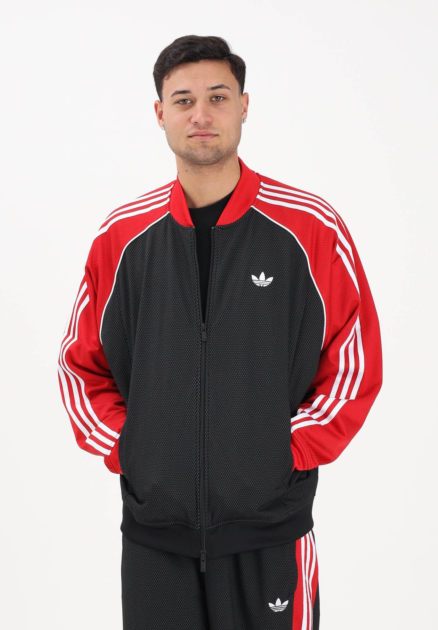 ADIDAS ORIGINALS Felpa con zip SST LOOSE MESH nera e rossa da uomo KE0115 . ADIDAS ORIGINALS 