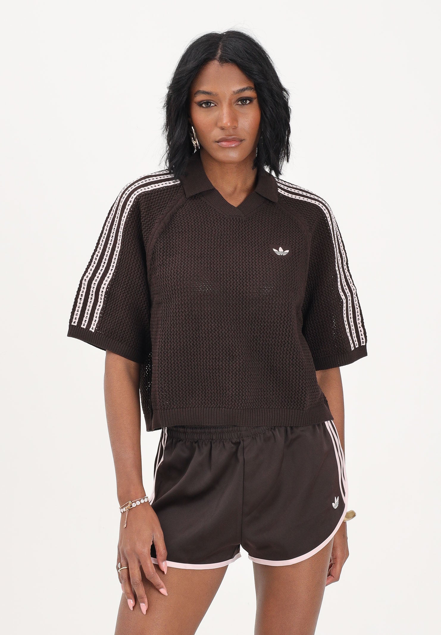 ADIDAS ORIGINALS Polo a manica corta in maglia marrone da donna KE0198 . ADIDAS ORIGINALS 