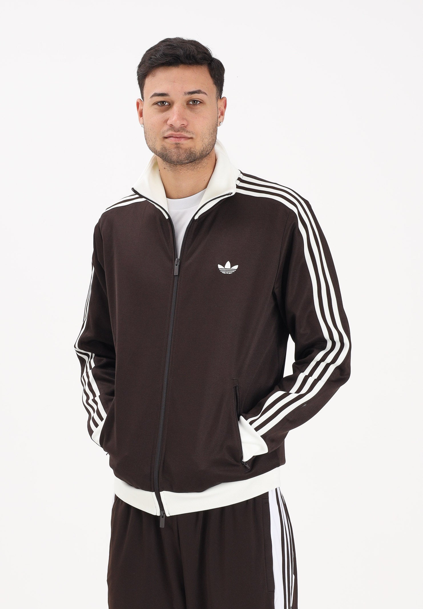 ADIDAS ORIGINALS Felpa con zip Iconico marrone e panna da uomo KE1665 . ADIDAS ORIGINALS 