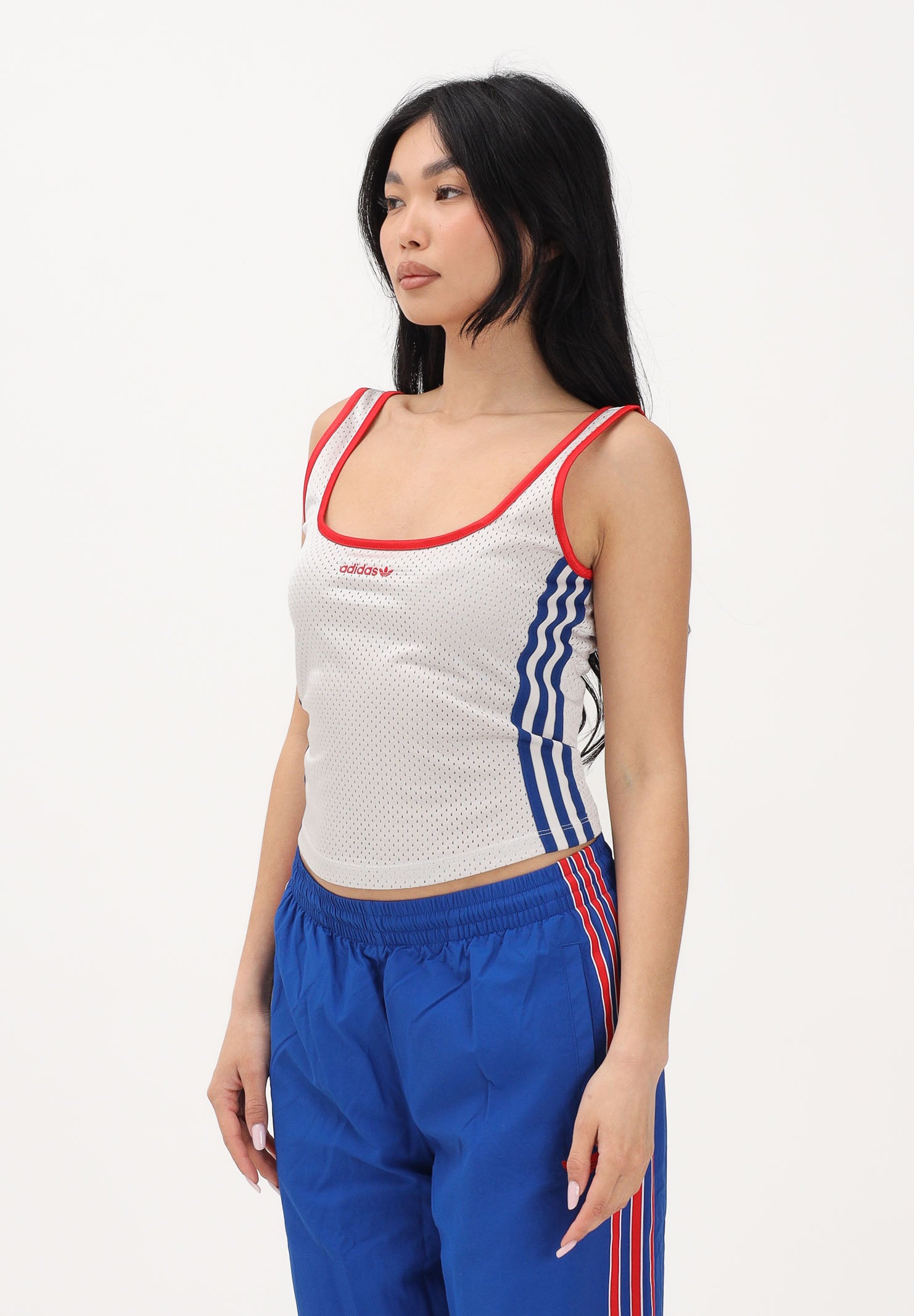 ADIDAS ORIGINALS Canotta bianca da donna con rifiniture rosse e blu KE2356 . ADIDAS ORIGINALS 