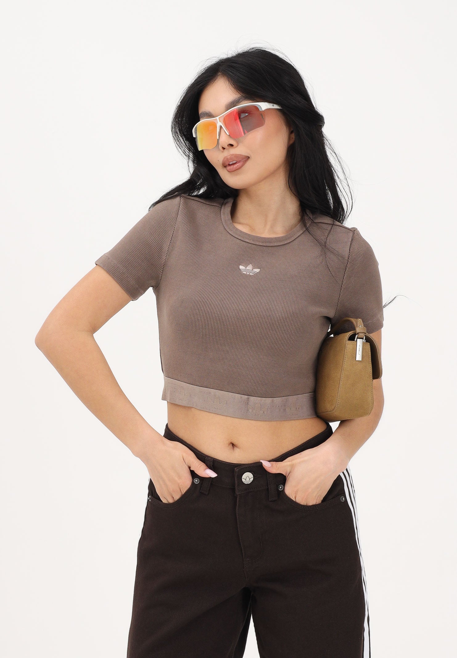 ADIDAS ORIGINALS T-shirt a manica corta Rib Essentials Washed marrone da donna KE3226 . ADIDAS ORIGINALS 