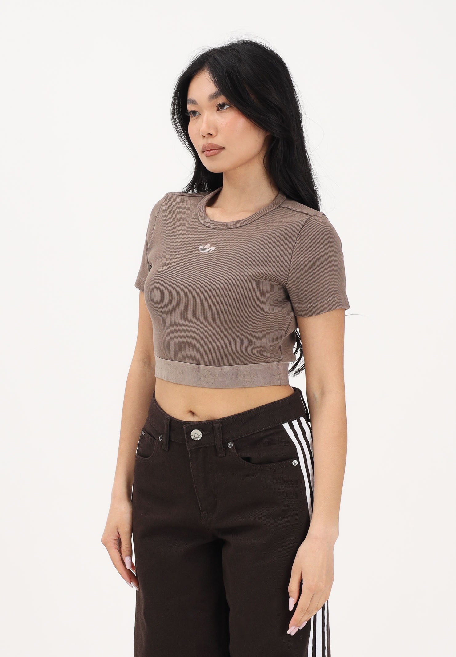ADIDAS ORIGINALS T-shirt a manica corta Rib Essentials Washed marrone da donna KE3226 . ADIDAS ORIGINALS 