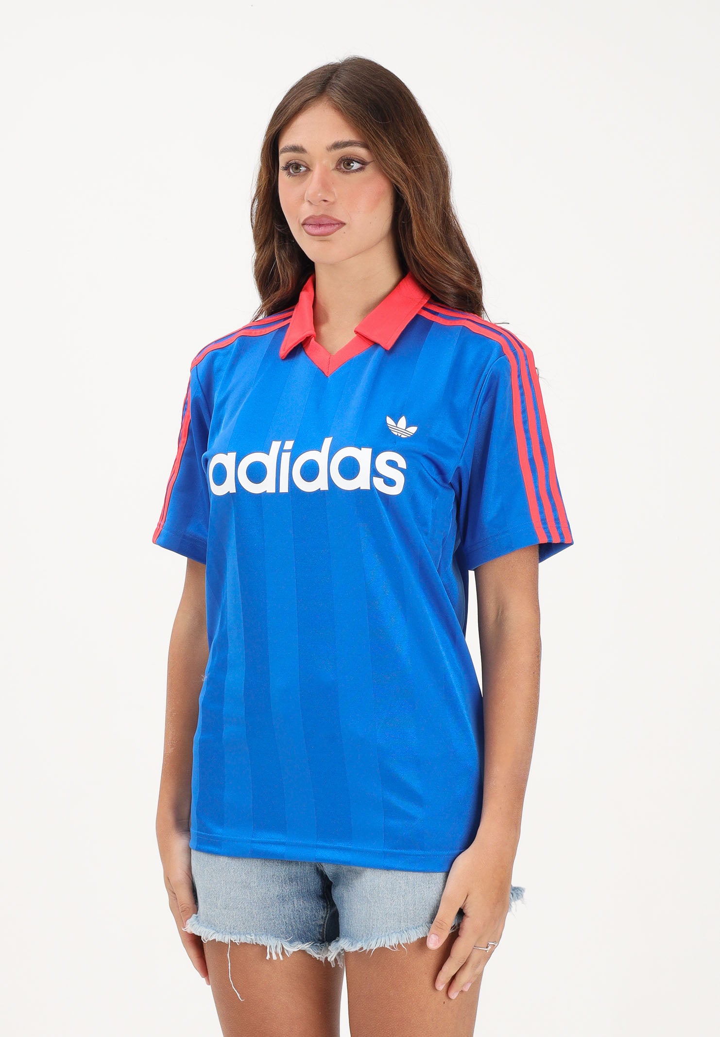 ADIDAS ORIGINALS Polo a manica corta Archive Collar Engineered Jersey blu e rossa da donna KE3579 . ADIDAS ORIGINALS 