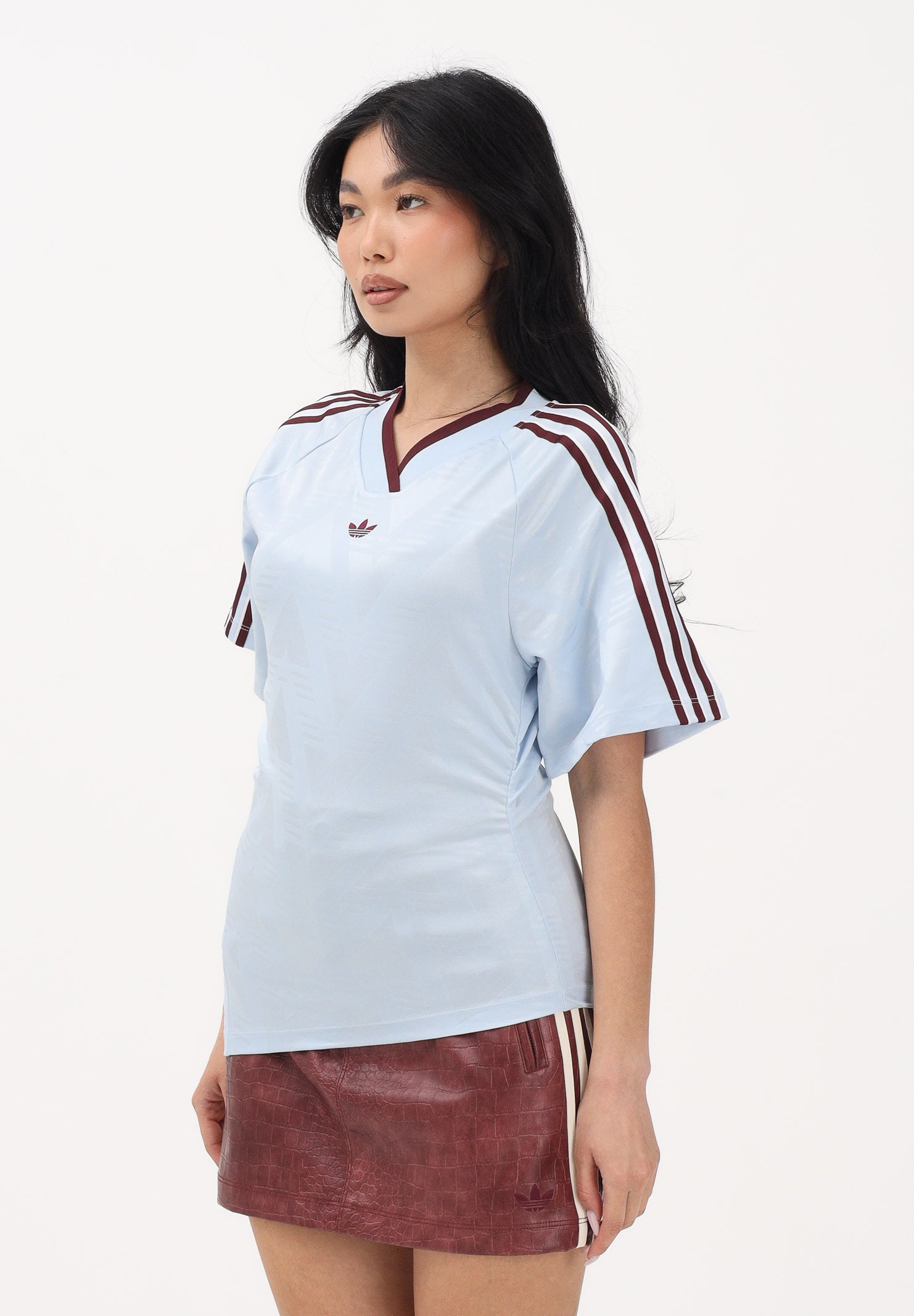 ADIDAS ORIGINALS T-shirt a manica corta ROUCHED celeste e bordeaux da donna KG3612 . ADIDAS ORIGINALS 