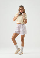 ADIDAS ORIGINALS Shorts STRIPED BOXER casual, rosa e bianco, da donna, con fantasia a righe verticali<BR/> KT8006 . ADIDAS ORIGINALS 