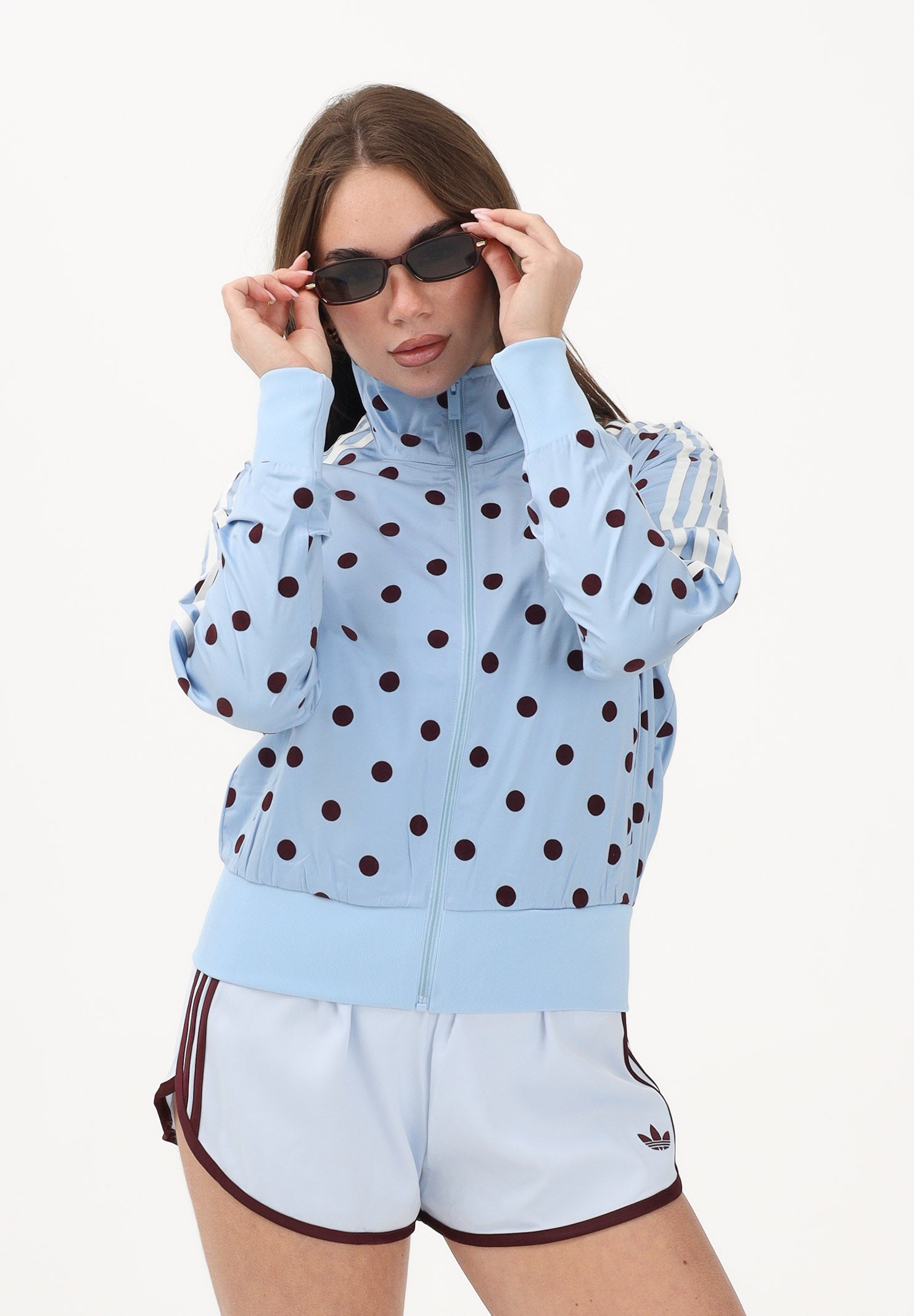 ADIDAS ORIGINALS Felpa con zip SATIN POLKA DOTS TT azzurra e bordeaux da donna KV1167 . ADIDAS ORIGINALS 
