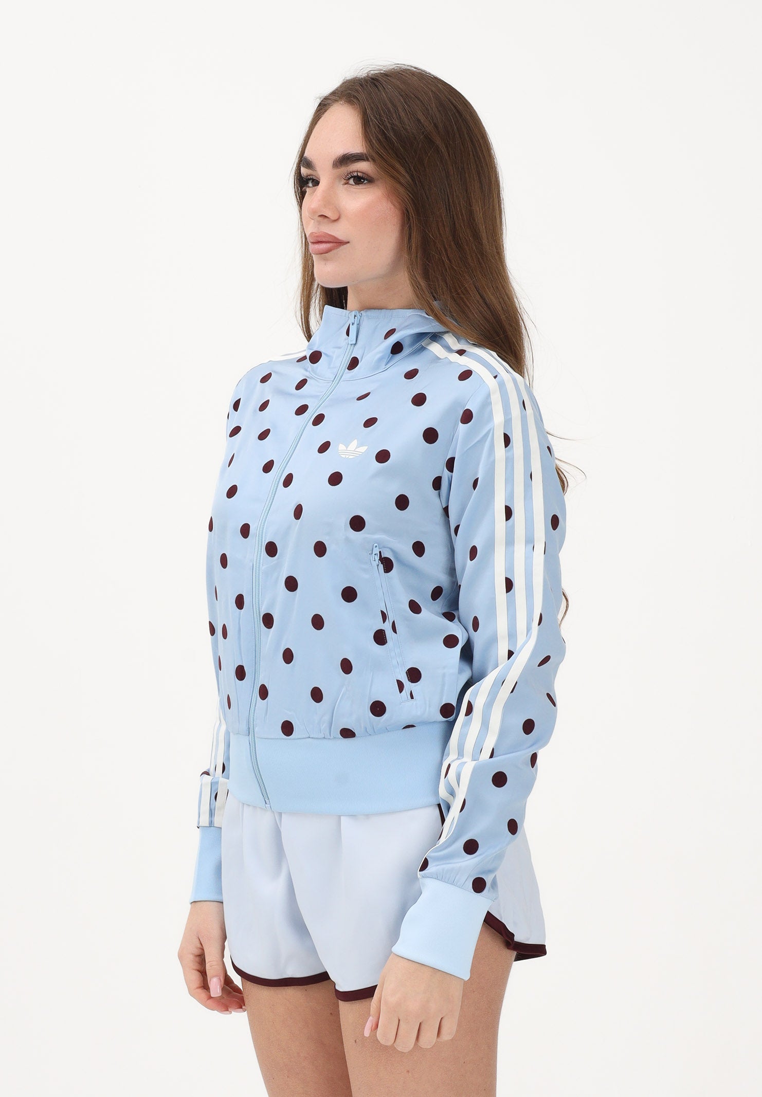 ADIDAS ORIGINALS Felpa con zip SATIN POLKA DOTS TT azzurra e bordeaux da donna KV1167 . ADIDAS ORIGINALS 
