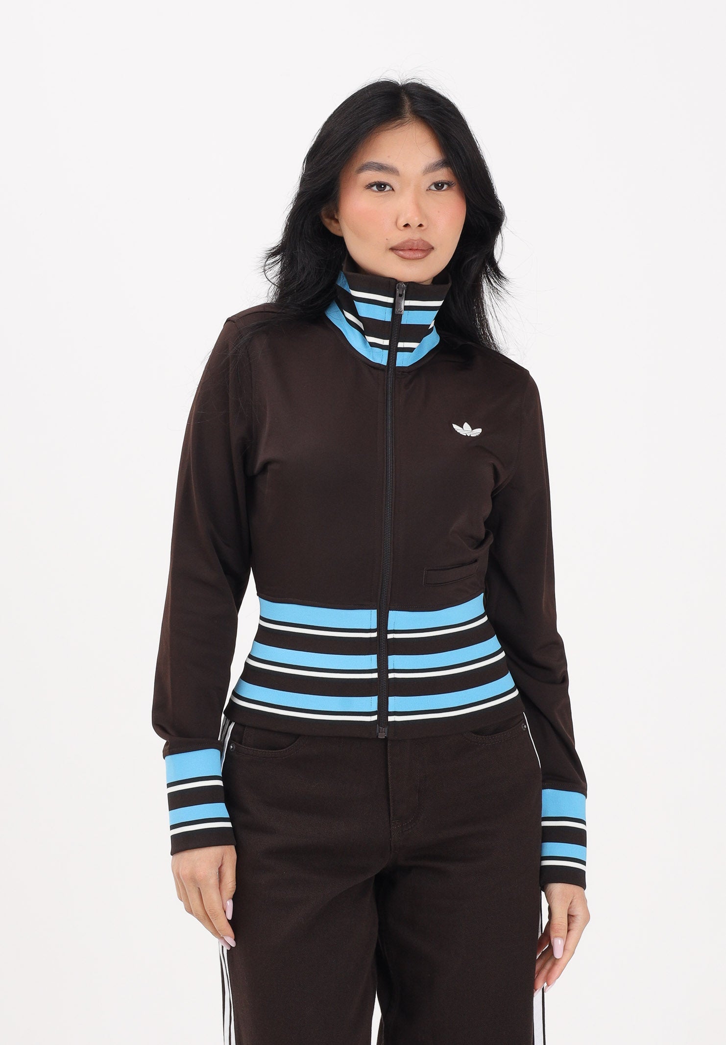 ADIDAS ORIGINALS Felpa con zip Vintage TT marrone e azzurra da donna KW2084 . ADIDAS ORIGINALS 