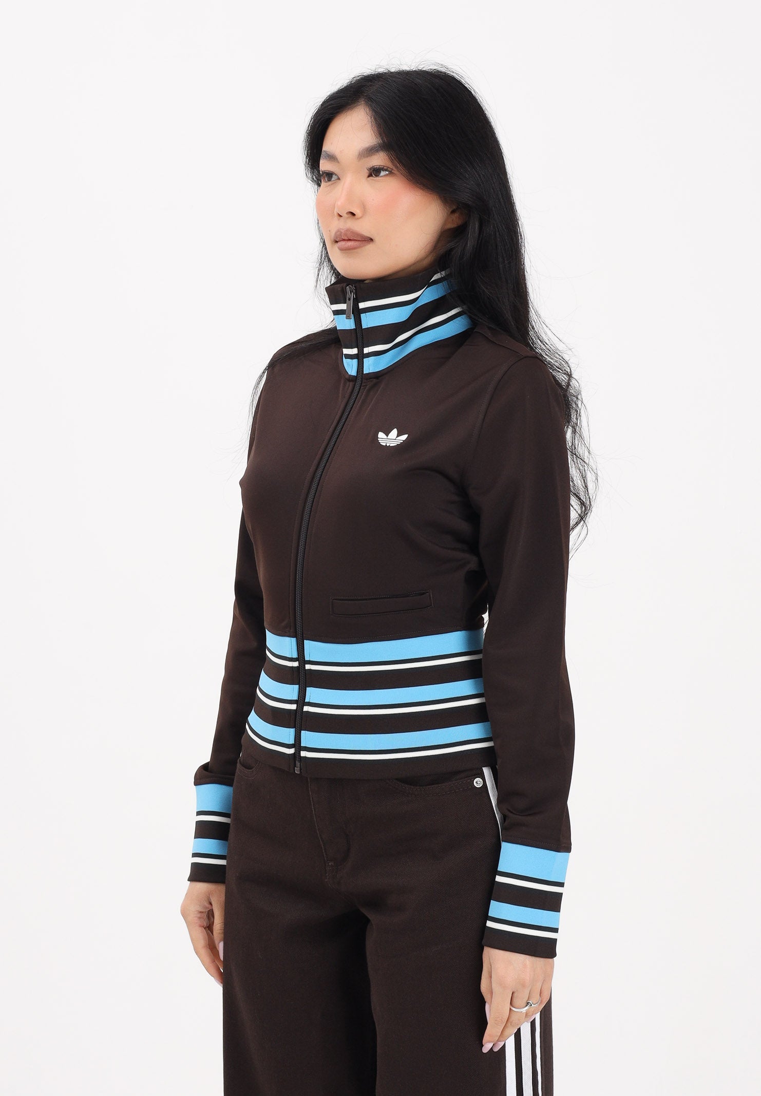ADIDAS ORIGINALS Felpa con zip Vintage TT marrone e azzurra da donna KW2084 . ADIDAS ORIGINALS 