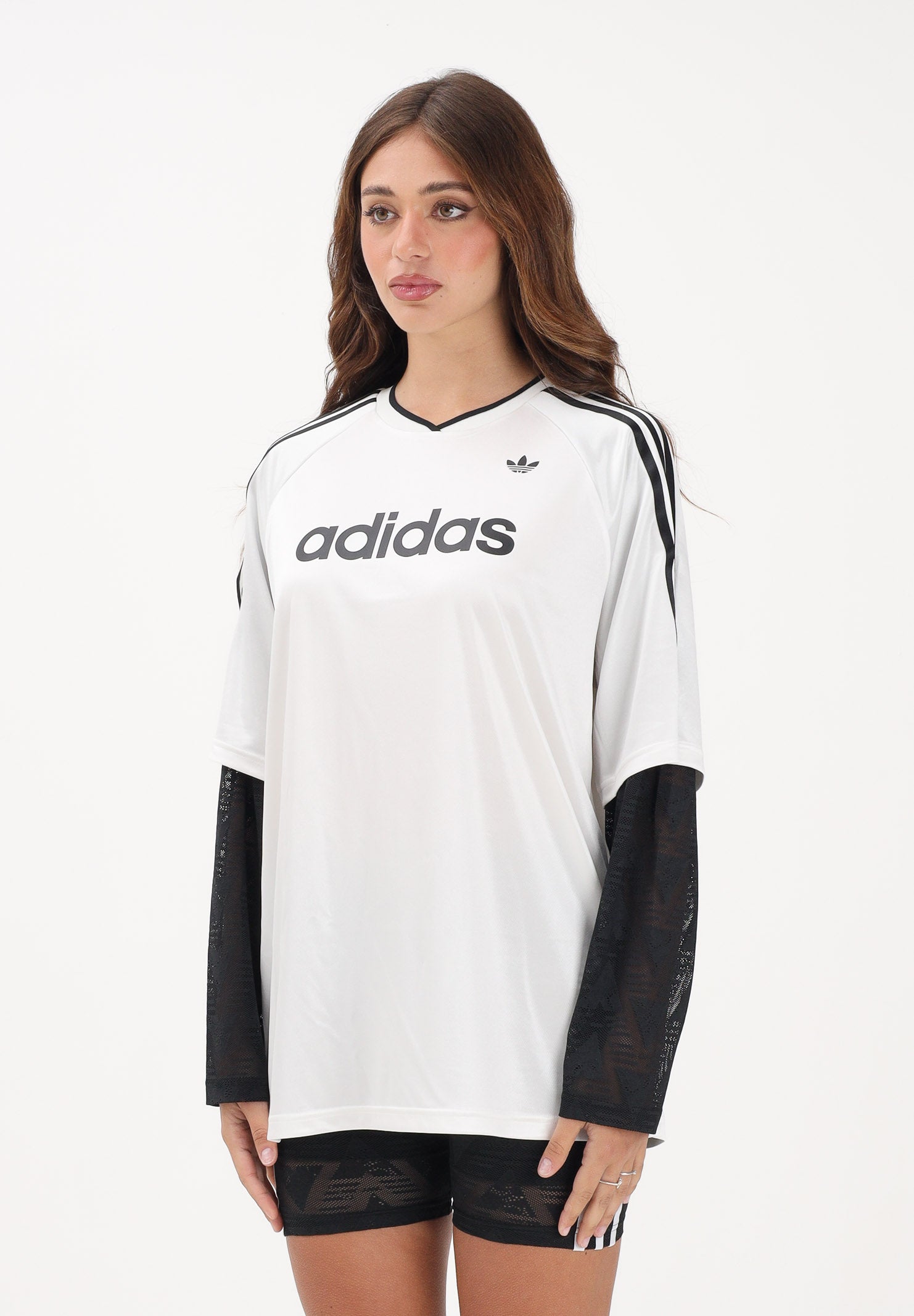 ADIDAS ORIGINALS T-shirt a manica lunga LACE bianca e nera da donna KC8140 . ADIDAS ORIGINALS 