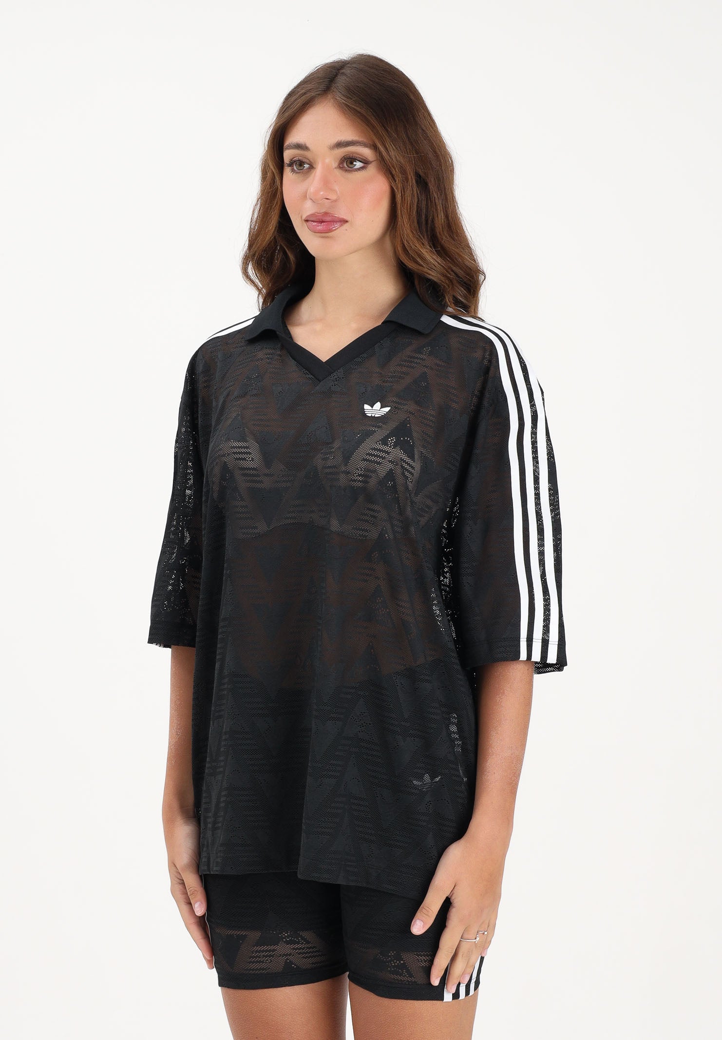 ADIDAS ORIGINALS Polo a manica corta in pizzo nera da donna KD0344 . ADIDAS ORIGINALS 