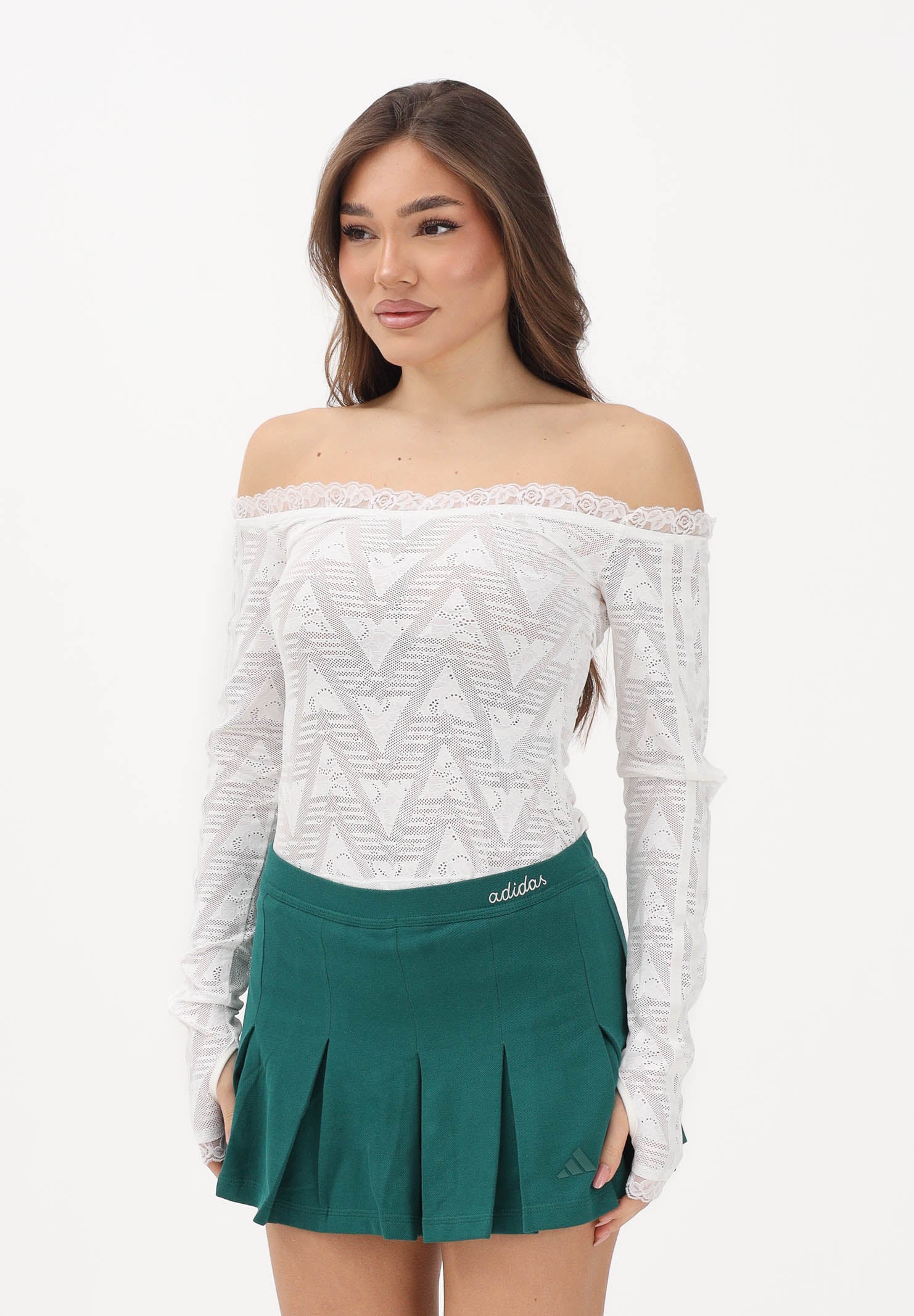 ADIDAS ORIGINALS Top a manica lunga Lace Bardot bianco da donna KE3458 . ADIDAS ORIGINALS 