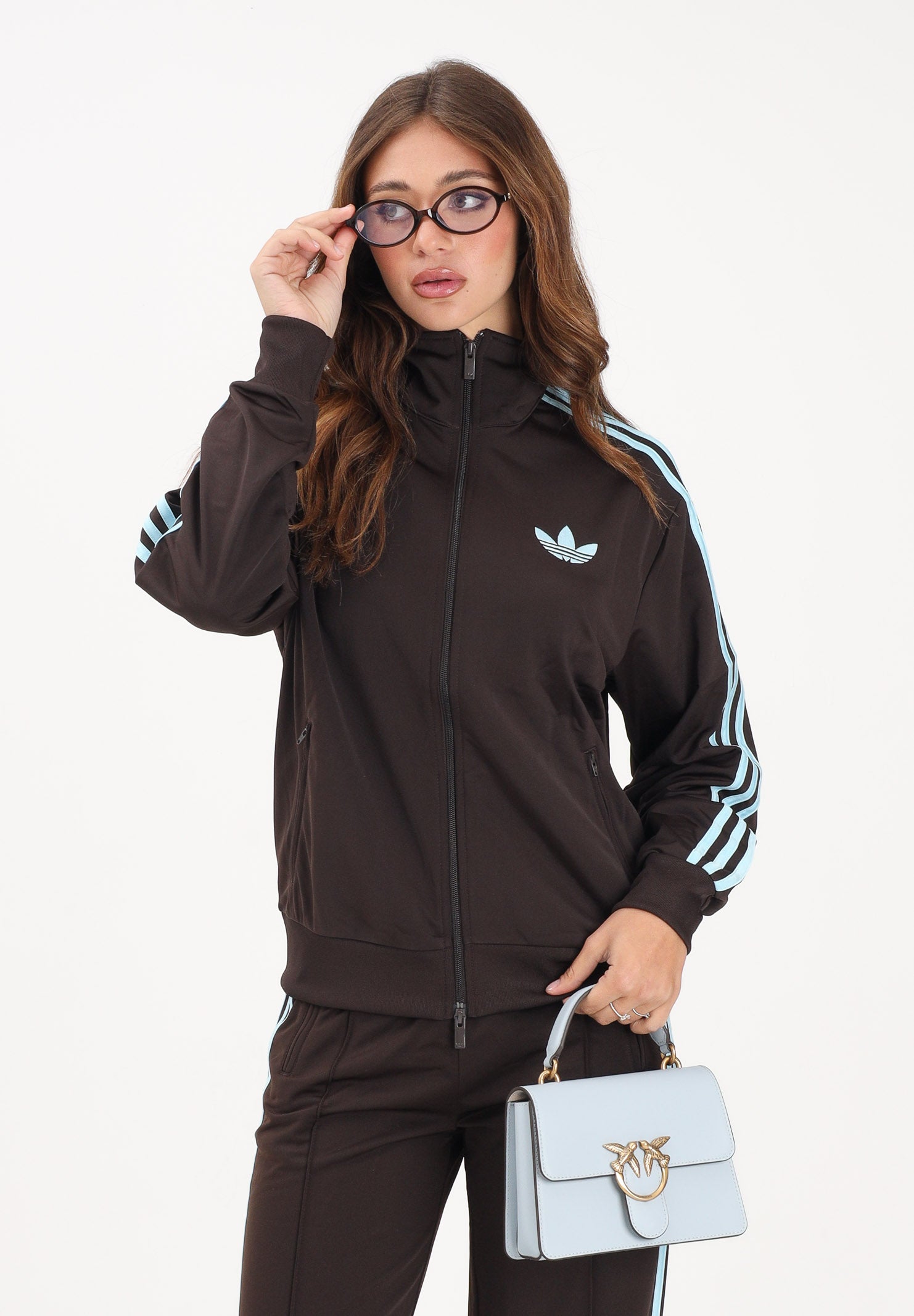 ADIDAS ORIGINALS Felpa con zip Firebird marrone e azzurra da donna KT4610 . ADIDAS ORIGINALS 