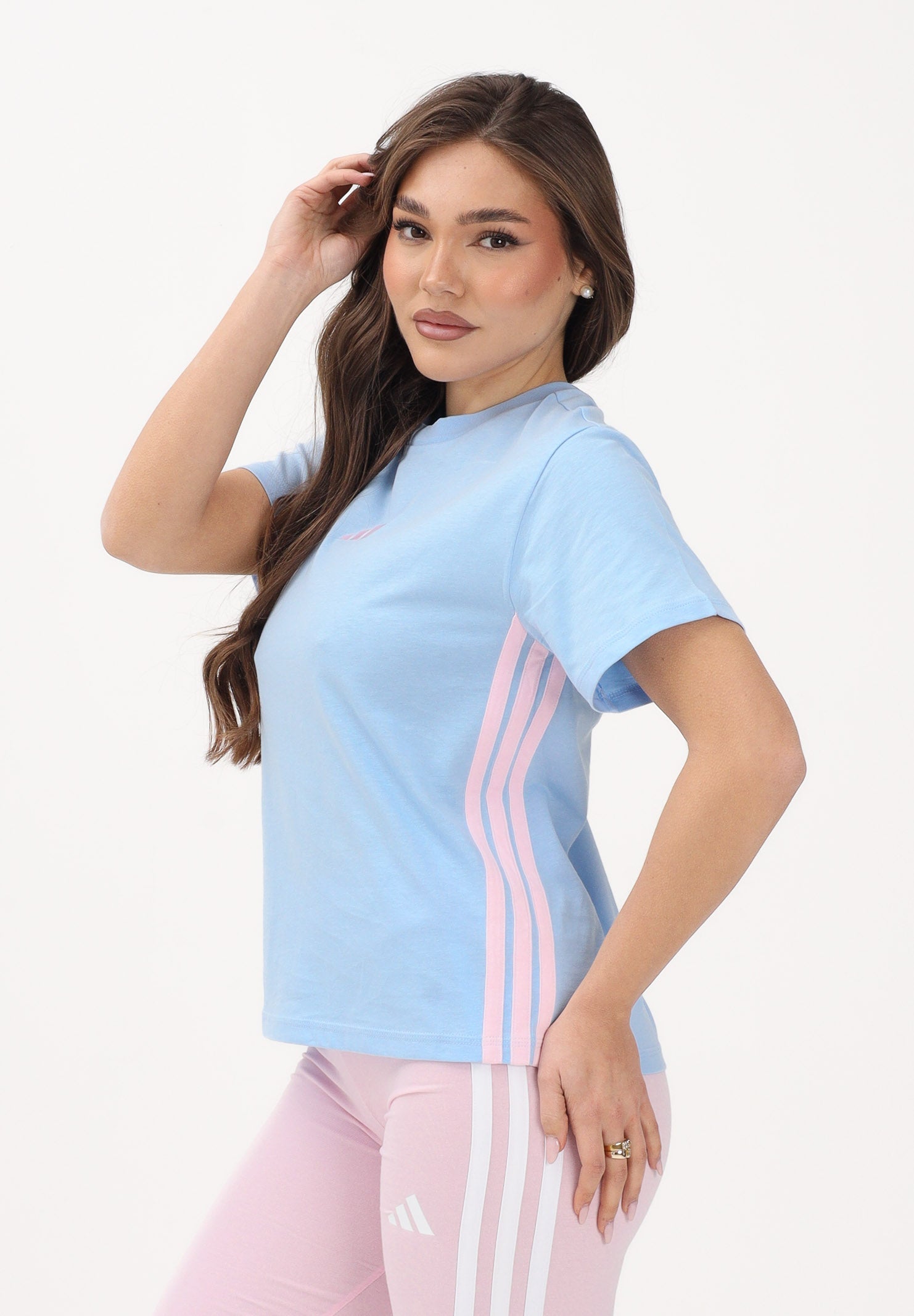ADIDAS PERFORMANCE T-shirt a manica corta ESSENTIALS 3-STRIPES celeste e rosa da donna KB7119 . ADIDAS PERFORMANCE 