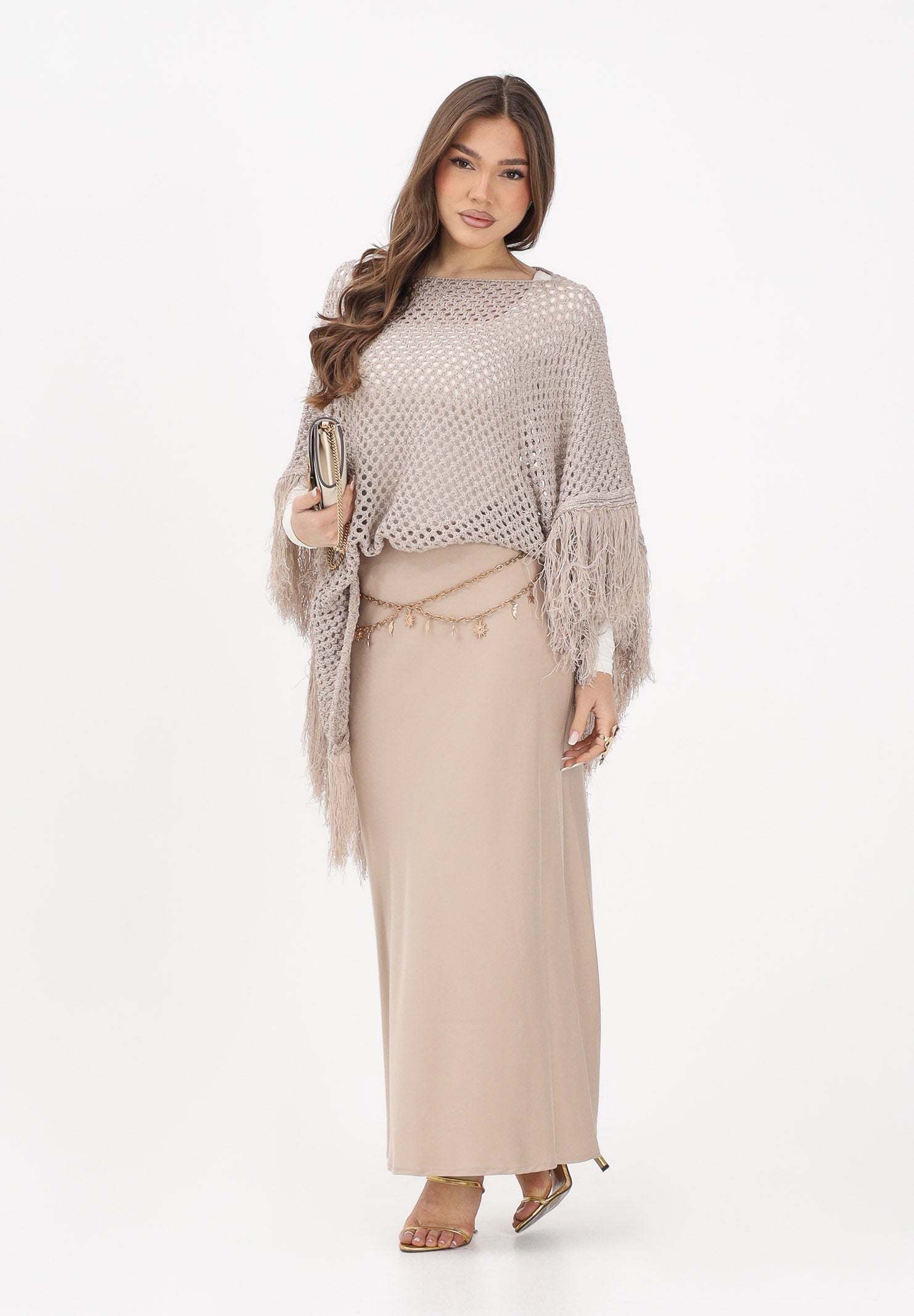 AKEP Mantella beige da donna con frange ACKD13039 V3 AKEP 