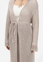 AKEP Cardigan lungo beige da donna in maglia traforata con cintura MGKD13036 V3 AKEP 