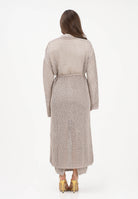AKEP Cardigan lungo beige da donna in maglia traforata con cintura MGKD13036 V3 AKEP 
