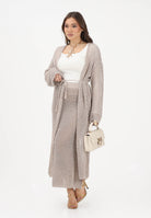AKEP Cardigan lungo beige da donna in maglia traforata con cintura MGKD13036 V3 AKEP 