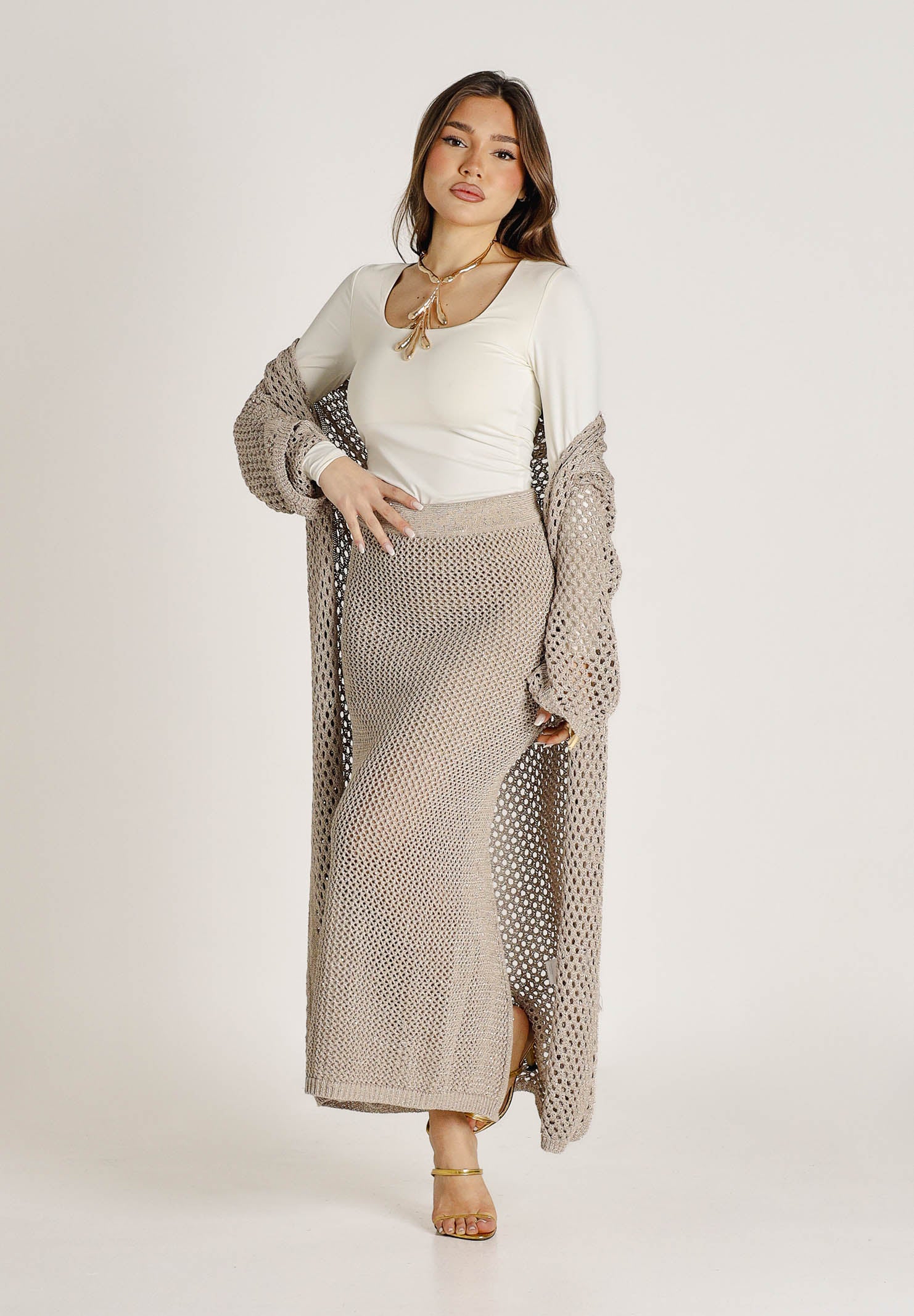 AKEP Cardigan lungo beige da donna in maglia traforata con cintura MGKD13036 V3 AKEP 