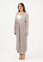 AKEP Cardigan lungo beige da donna in maglia traforata con cintura MGKD13036 V3 AKEP 