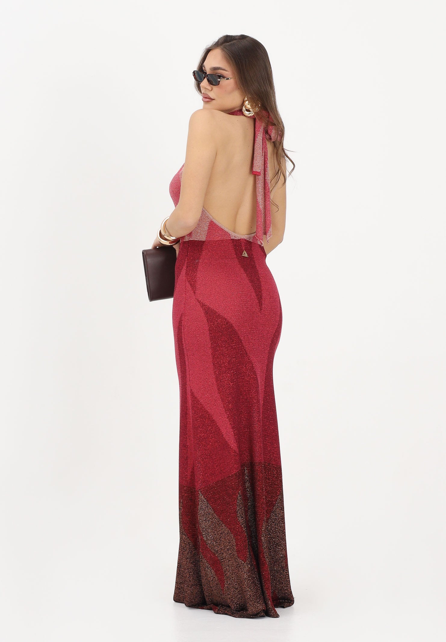 AKEP Abito lungo halter rosso fragola da donna con schiena scoperta VSKD13302 V2 AKEP 