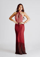 AKEP Abito lungo halter rosso fragola da donna con schiena scoperta VSKD13302 V2 AKEP 