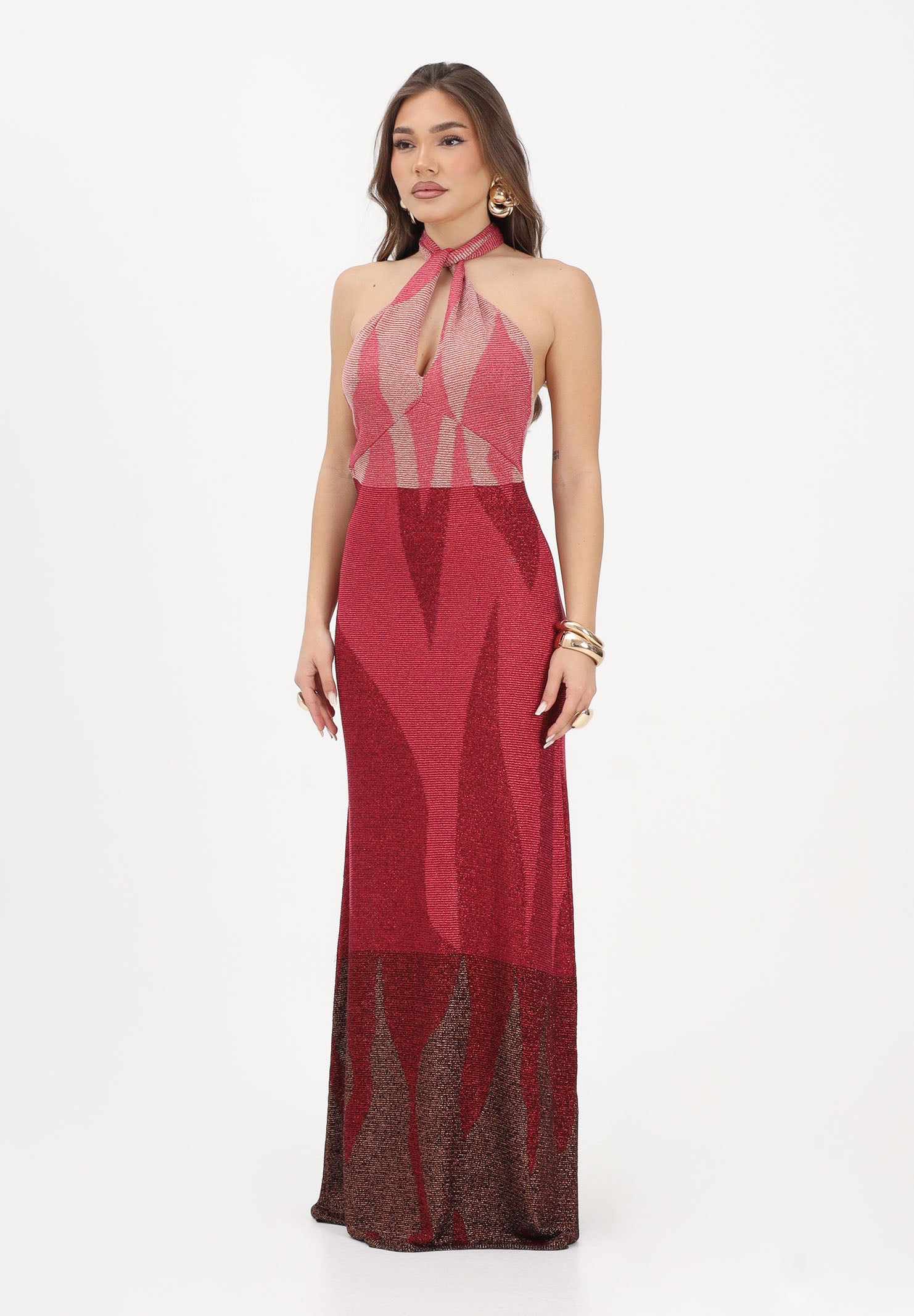 AKEP Abito lungo halter rosso fragola da donna con schiena scoperta VSKD13302 V2 AKEP 