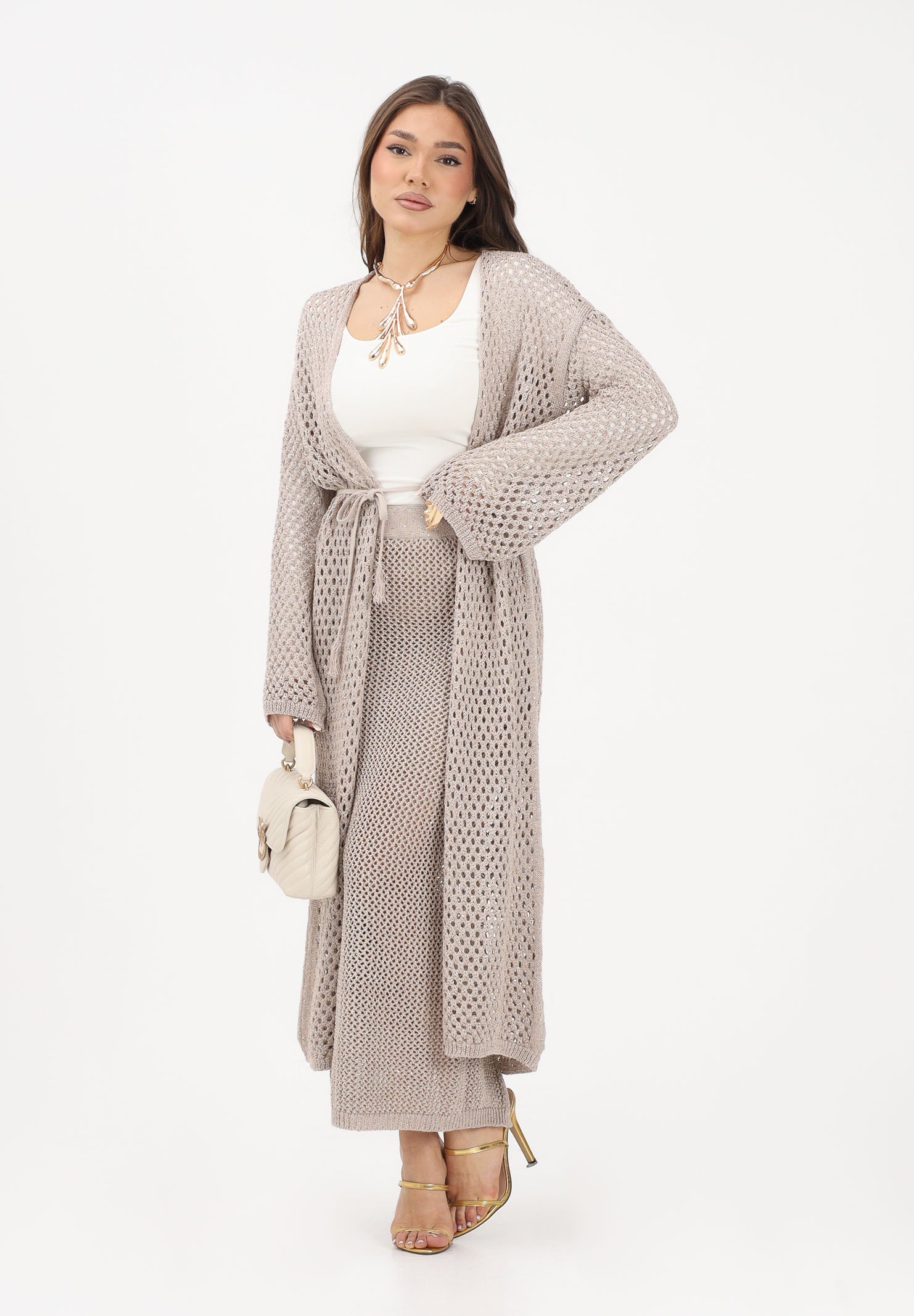 AKEP Gonna lunga beige da donna con spacco e dettagli trasparenza GOKD13038 V3 AKEP 