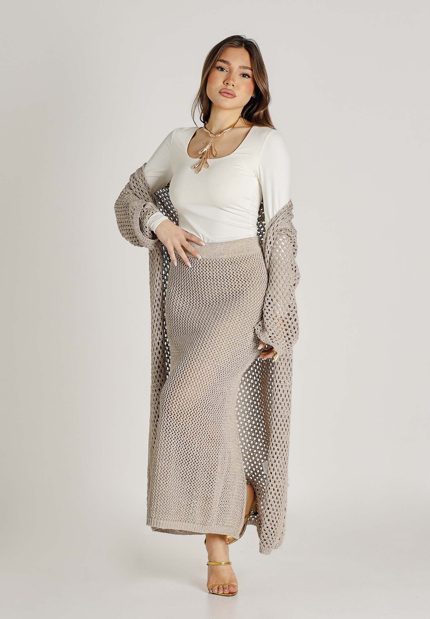 AKEP Gonna lunga beige da donna con spacco e dettagli trasparenza GOKD13038 V3 AKEP 