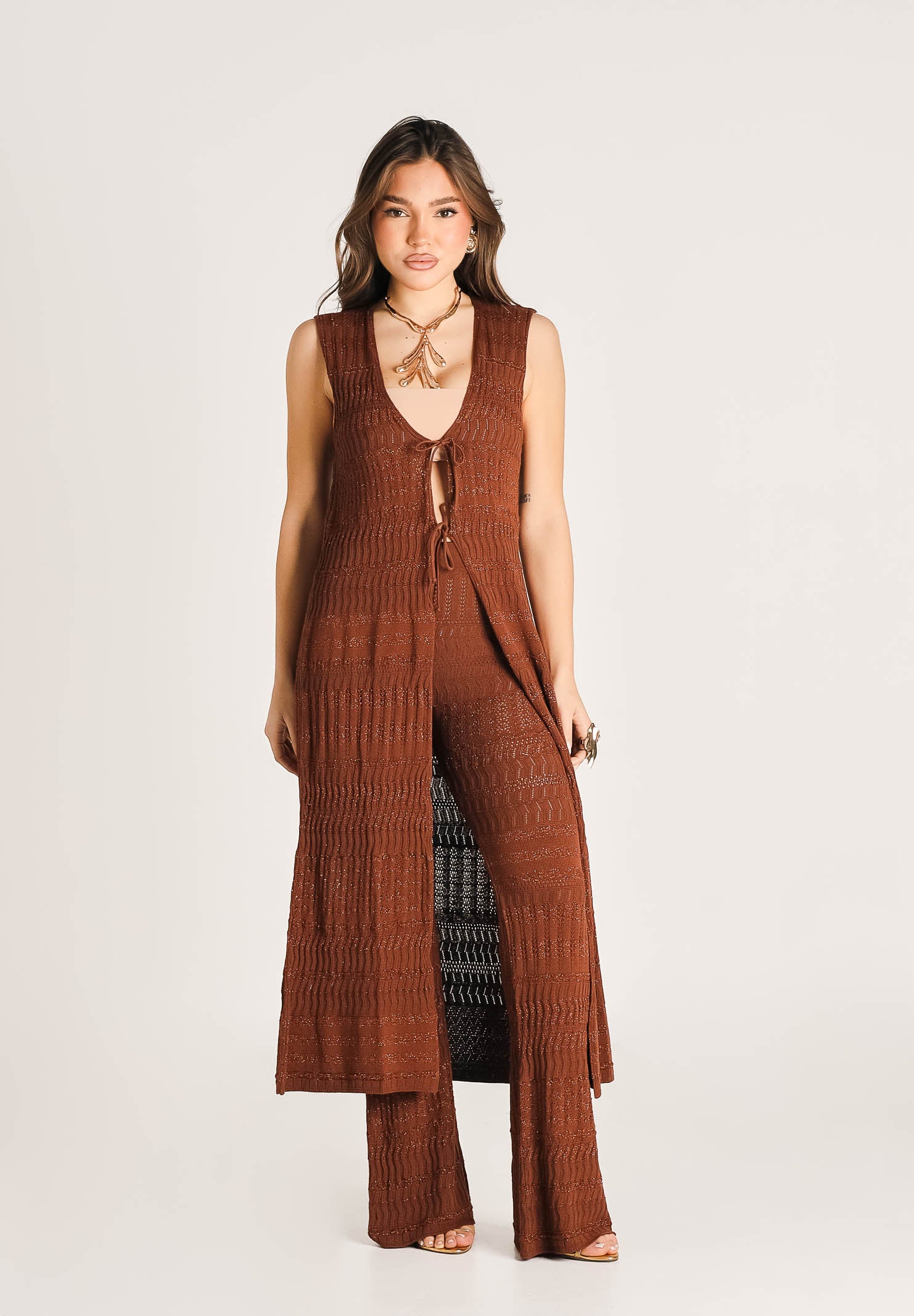AKEP Pantalone marrone da donna in maglia lavorata PTKD13211 V2 AKEP 