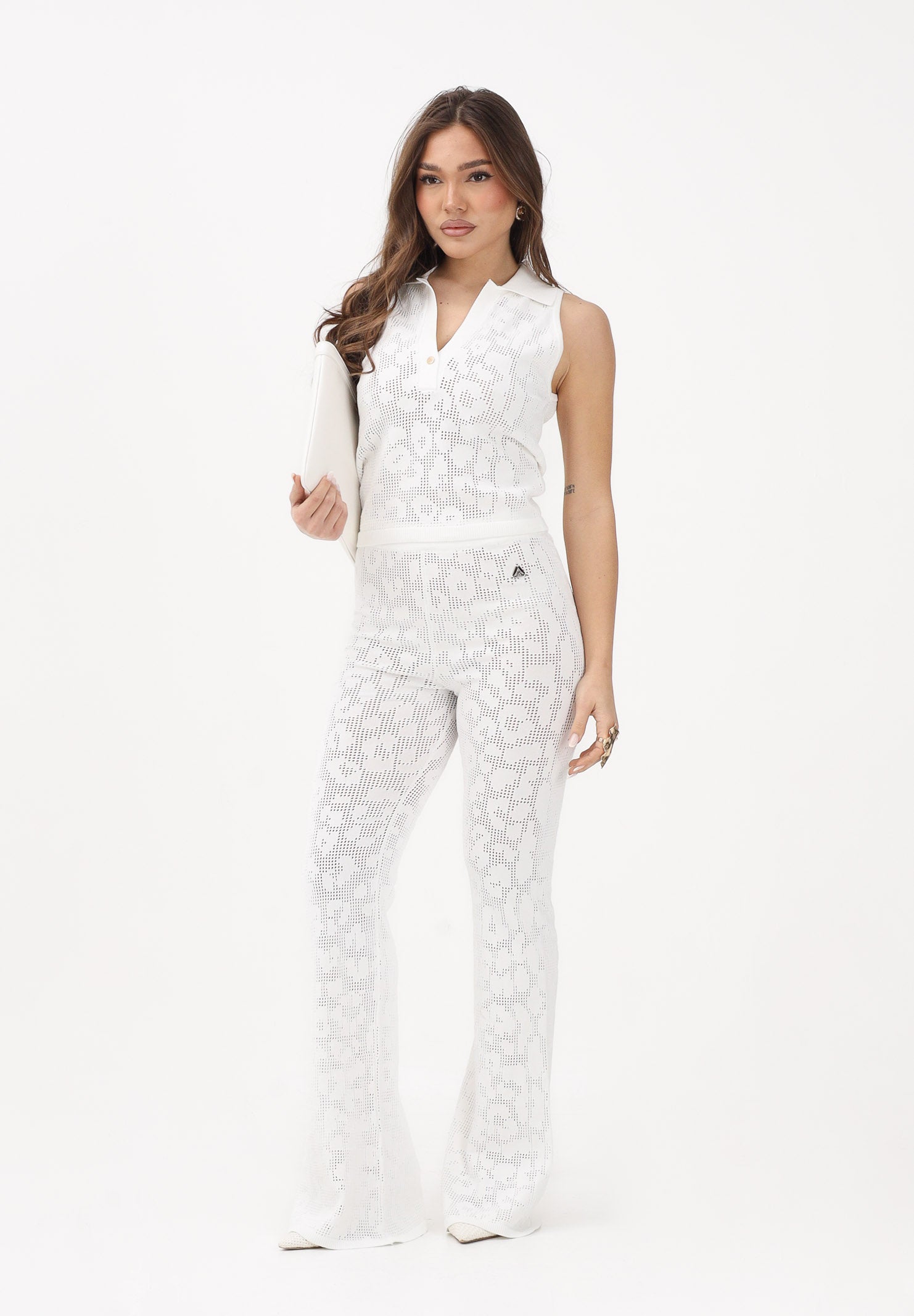 AKEP Pantalone bianco da donna in maglia traforata PTKD13225 V6 AKEP 