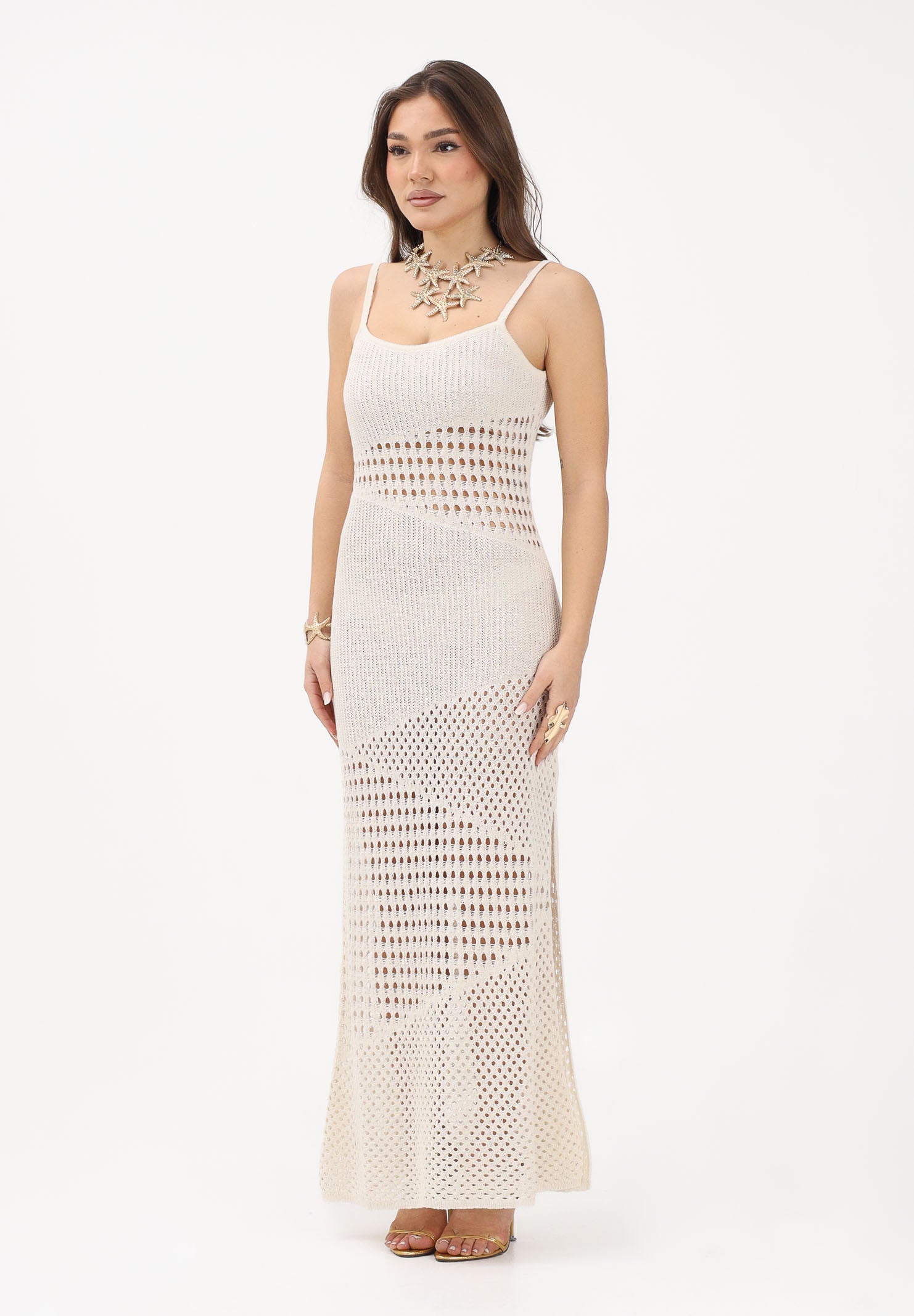 AKEP Abito lungo panna da donna in maglia traforata VSKD13069TU V3 AKEP 