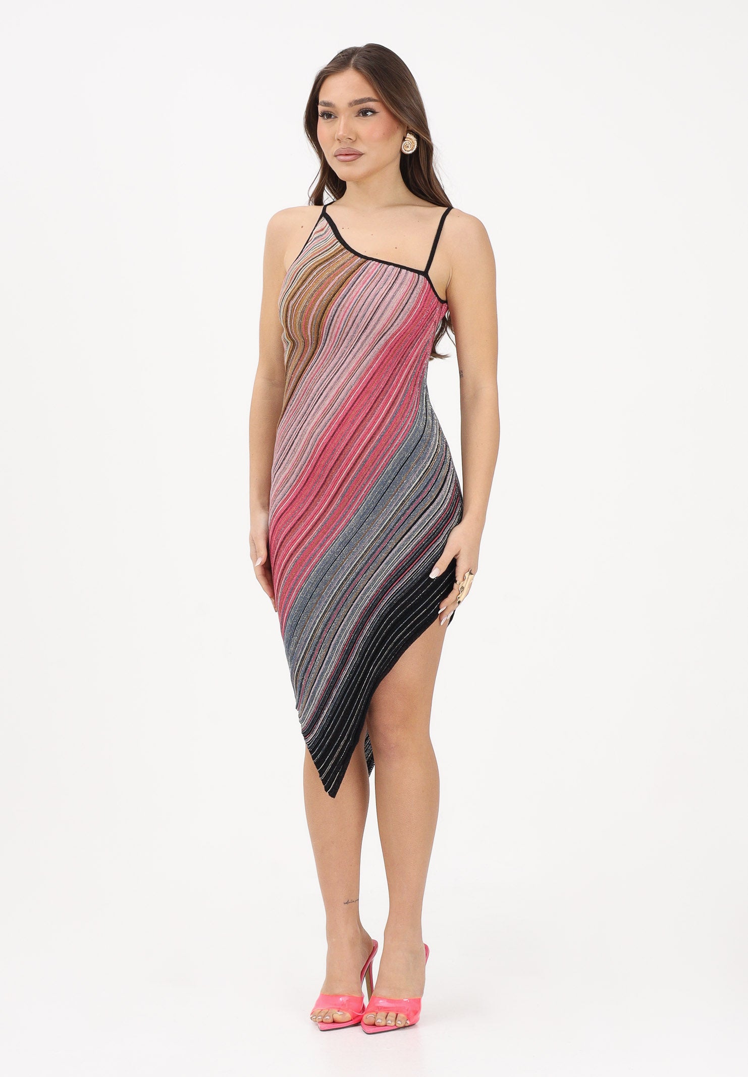 AKEP Abito midi asimmetrico multicolore da donna con lavorazione a righe VSKD13293 V1 AKEP 
