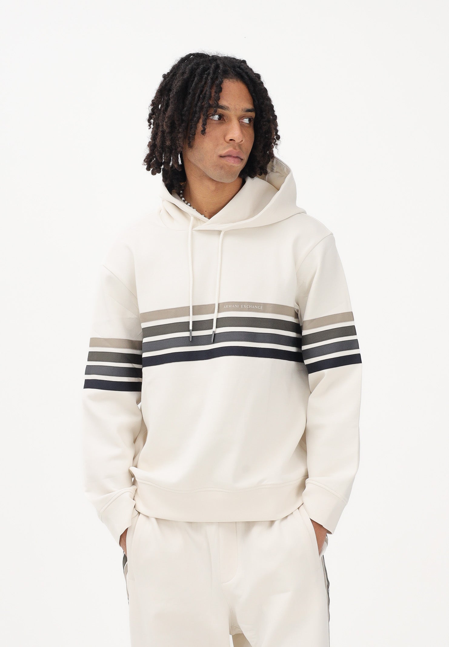 ARMANI EXCHANGE Felpa con cappuccio panna da uomo rifinita da stampa XM002053AF10818 U1074 ARMANI EXCHANGE 