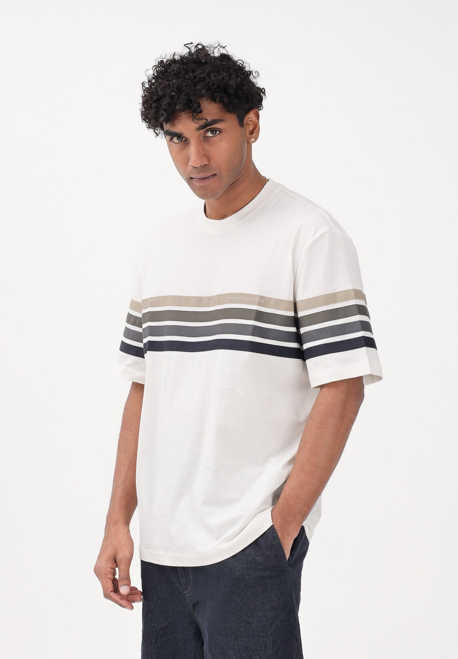 ARMANI EXCHANGE T-shirt a manica corta crema da uomo con bande a contrasto XM002055AF10358 U1074 ARMANI EXCHANGE 