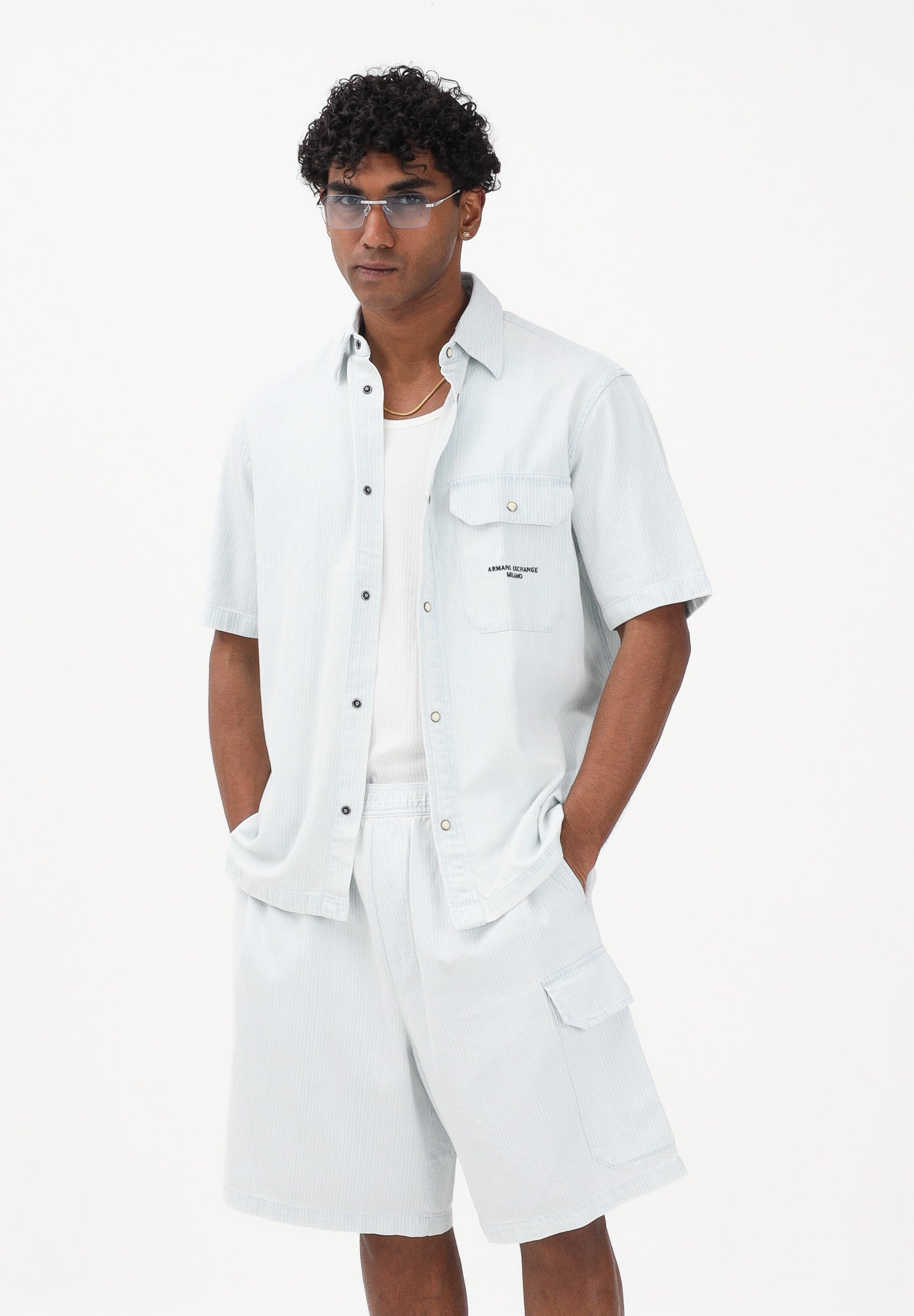 ARMANI EXCHANGE Camicia a manica corta celeste e bianca da uomo con motivo a righe XM002266AF22638 FB380 ARMANI EXCHANGE 