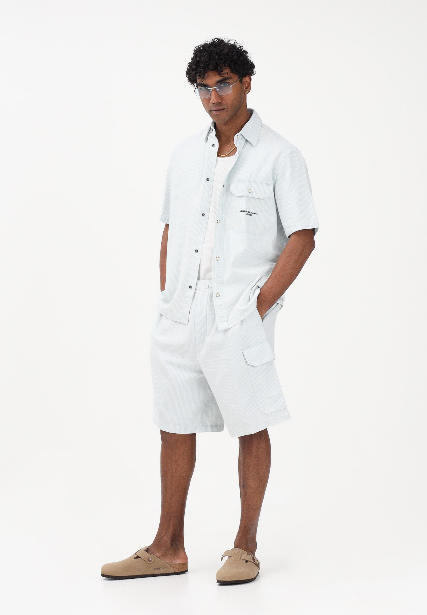 ARMANI EXCHANGE Camicia a manica corta celeste e bianca da uomo con motivo a righe XM002266AF22638 FB380 ARMANI EXCHANGE 