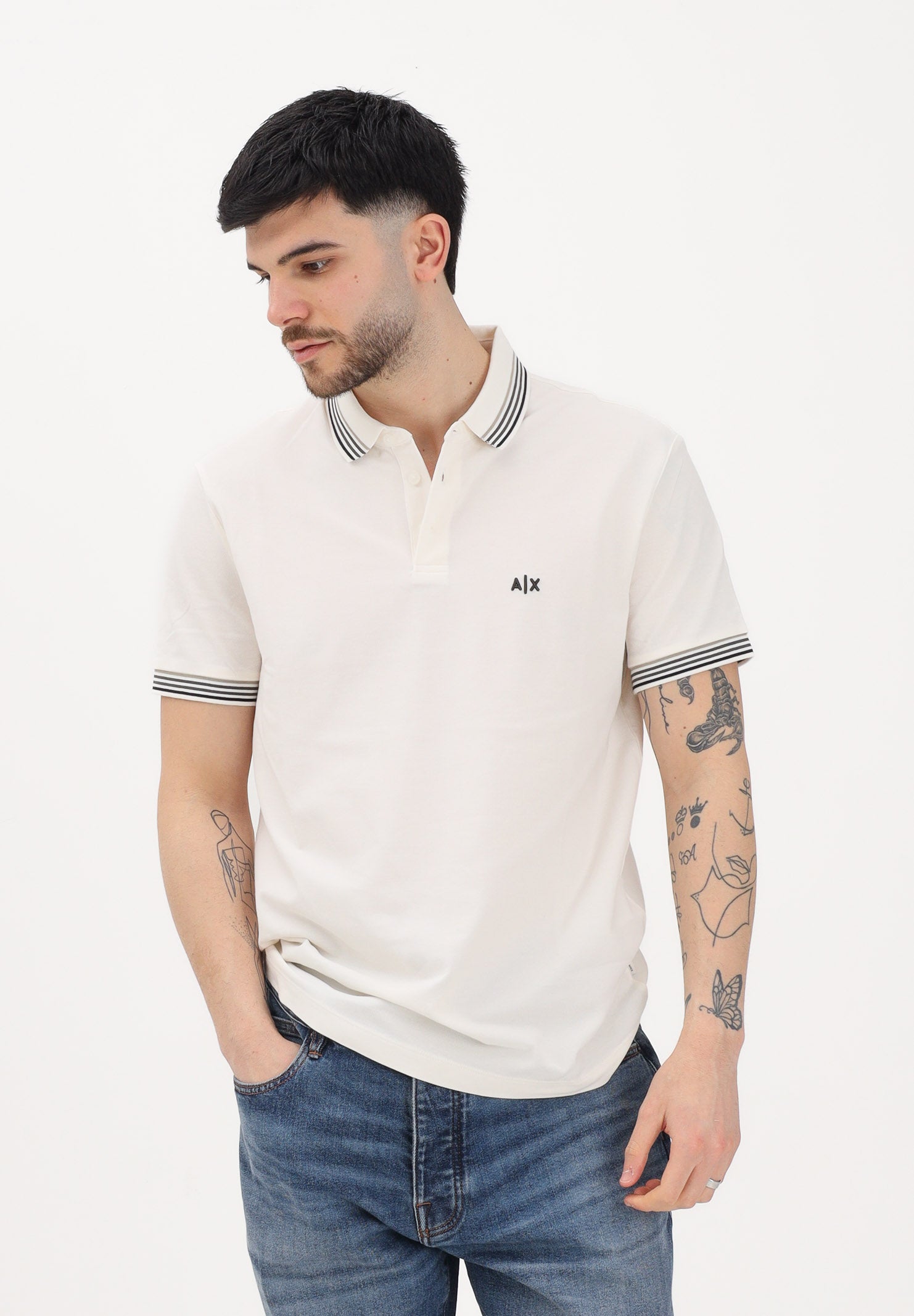 ARMANI EXCHANGE Polo a manica corta panna da uomo con profili a righe XM002326AF13026 U1074 ARMANI EXCHANGE 