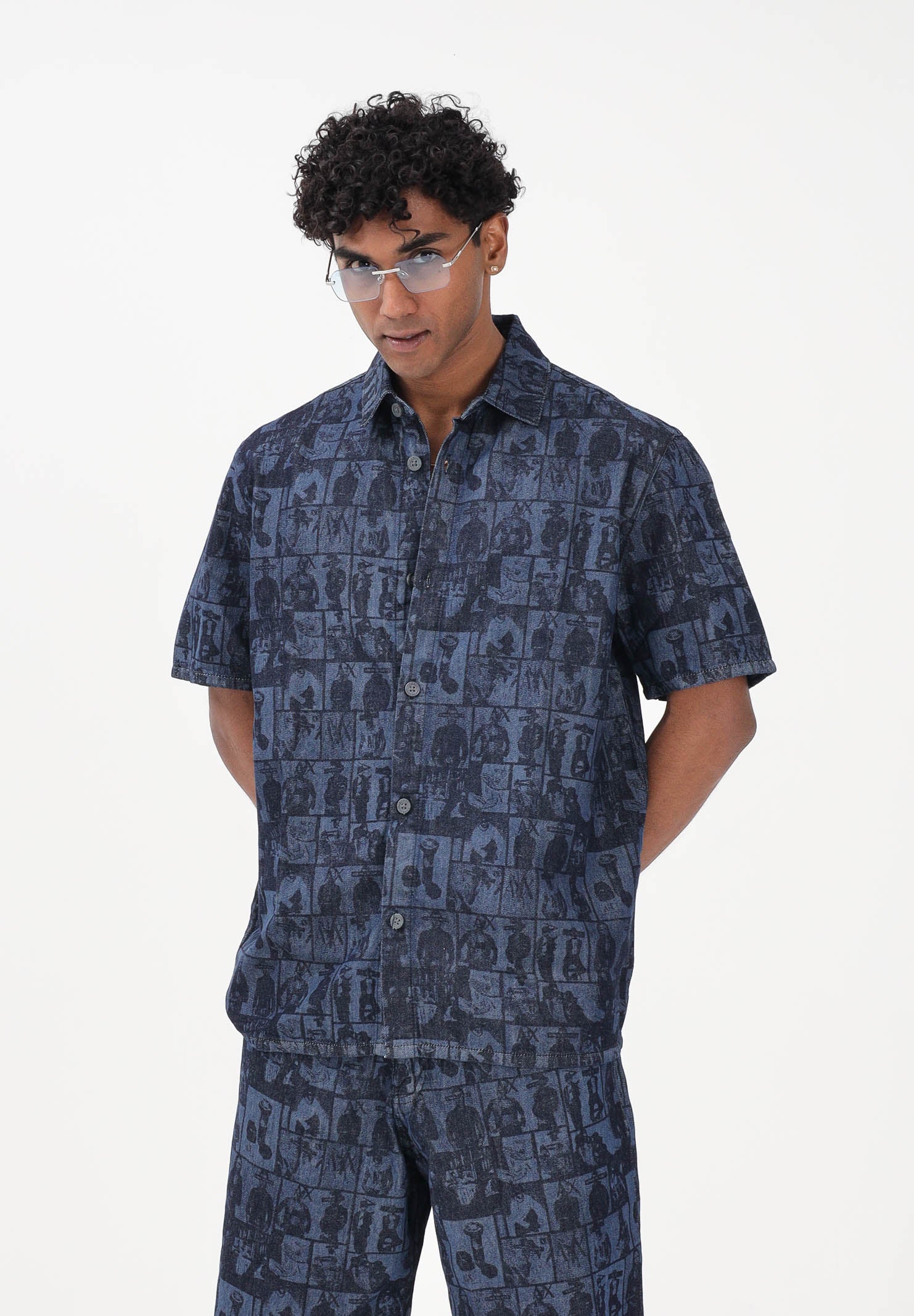 ARMANI EXCHANGE Camicia a manica corta in denim blu da uomo con stampa XM002809AF24509 FB416 ARMANI EXCHANGE 
