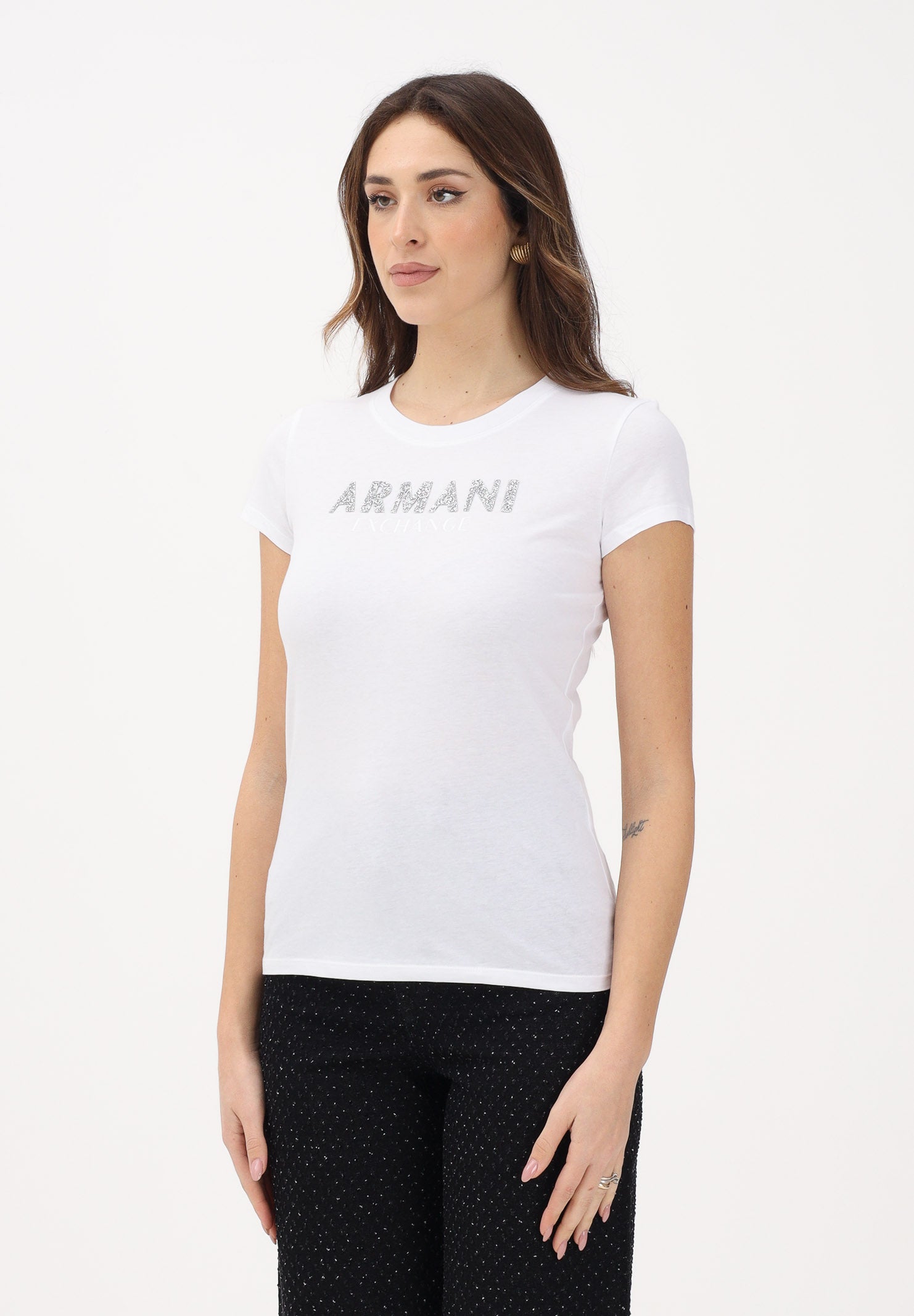 ARMANI EXCHANGE T-shirt a manica corta bianca da donna con logo in strass XW002106AF10356 U0002 ARMANI EXCHANGE 